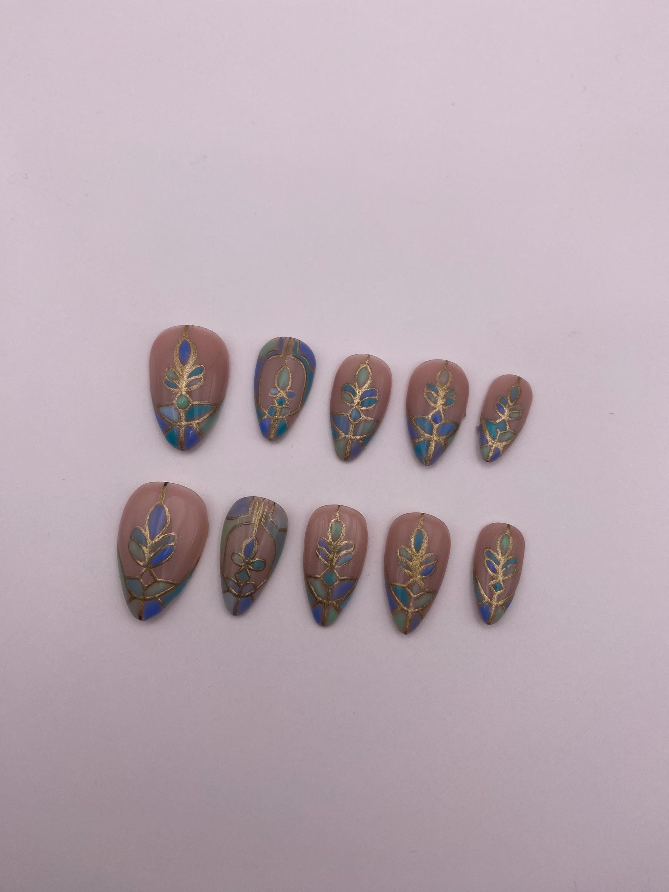 Stained glass press on nails - Gothic green blue fake nails - nail art set - reusable handmade nails - natural press on - gift for her