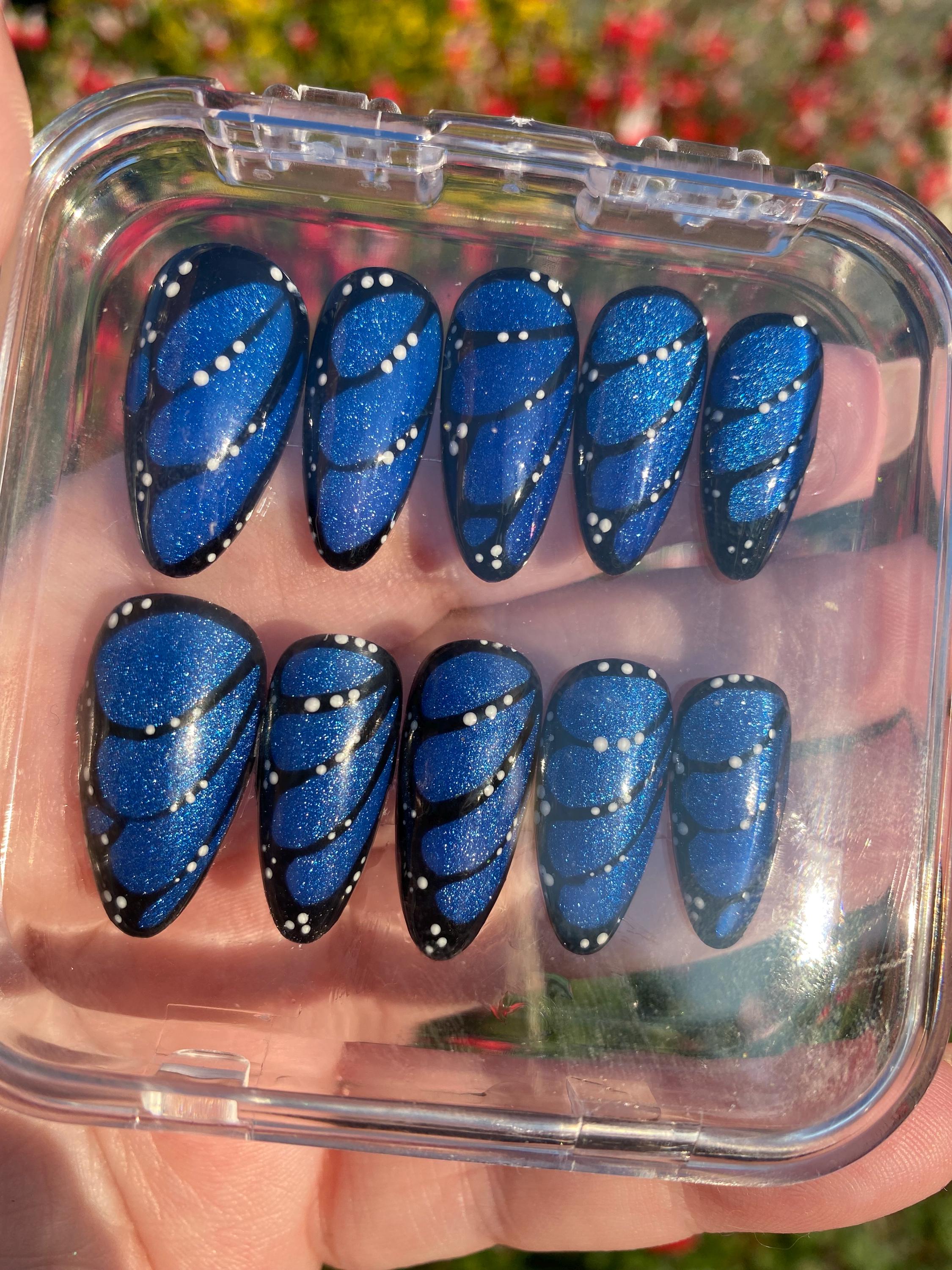 Butterfly wing with cat eye press on nails - magnetic fake nails - reusable handmade nails - butterfly press ons - gift for her