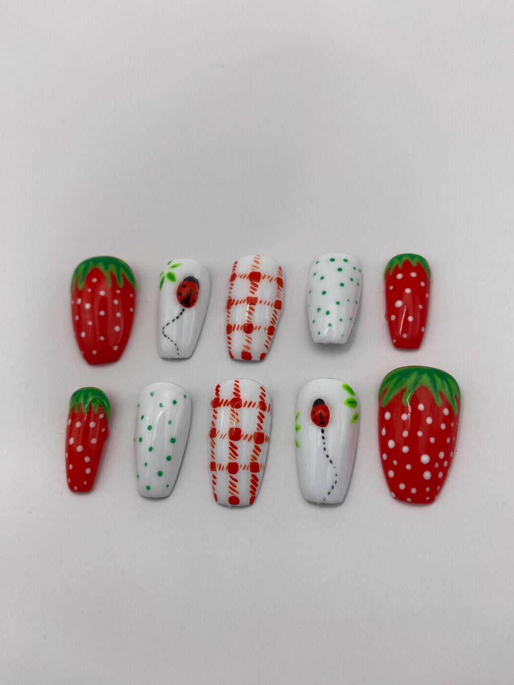 Trending Fruit nails - press on nails - strawberry - ladybugs - red - white - gifts for her