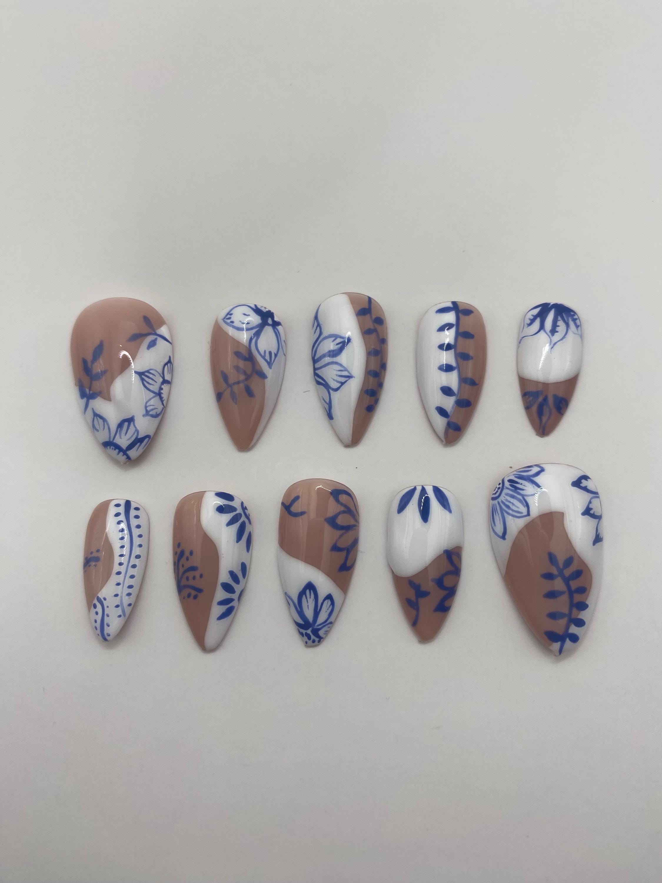 Moroccan inspired press on nails - Santorini nails- holiday nails - gifts for her - white and blue nails