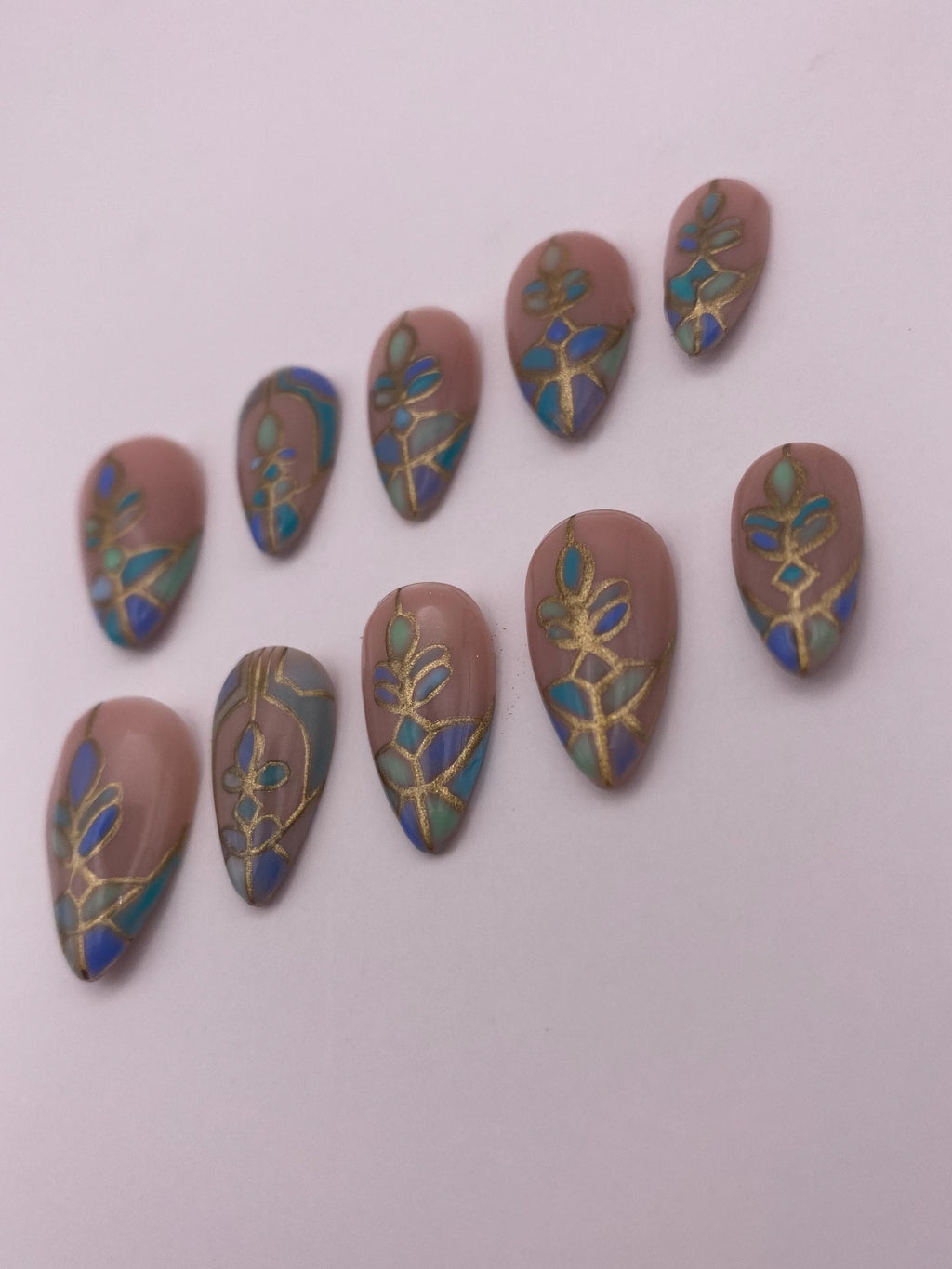 Stained glass press on nails - Gothic green blue fake nails - nail art set - reusable handmade nails - natural press on - gift for her