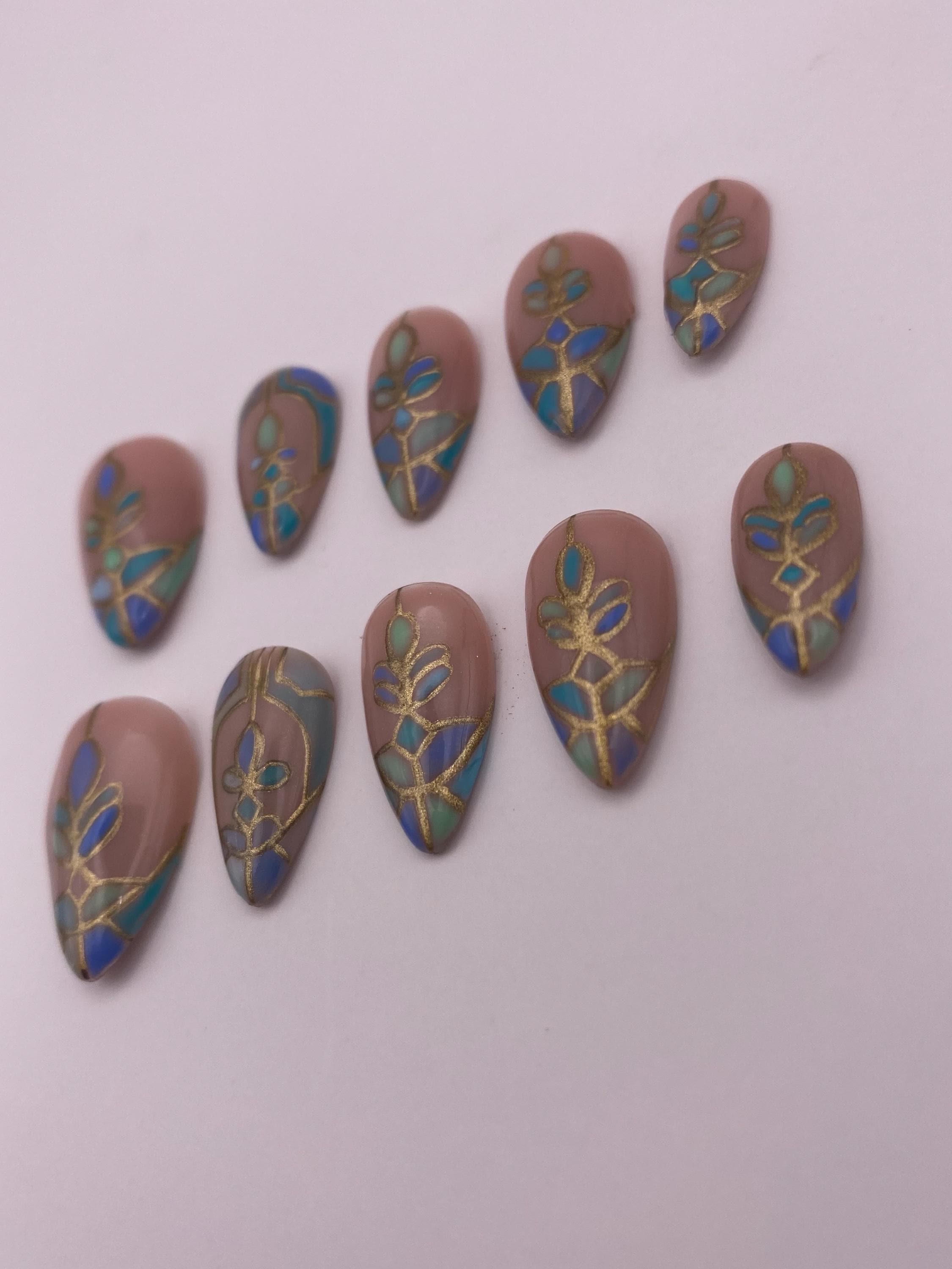 Stained glass press on nails - Gothic green blue fake nails - nail art set - reusable handmade nails - natural press on - gift for her