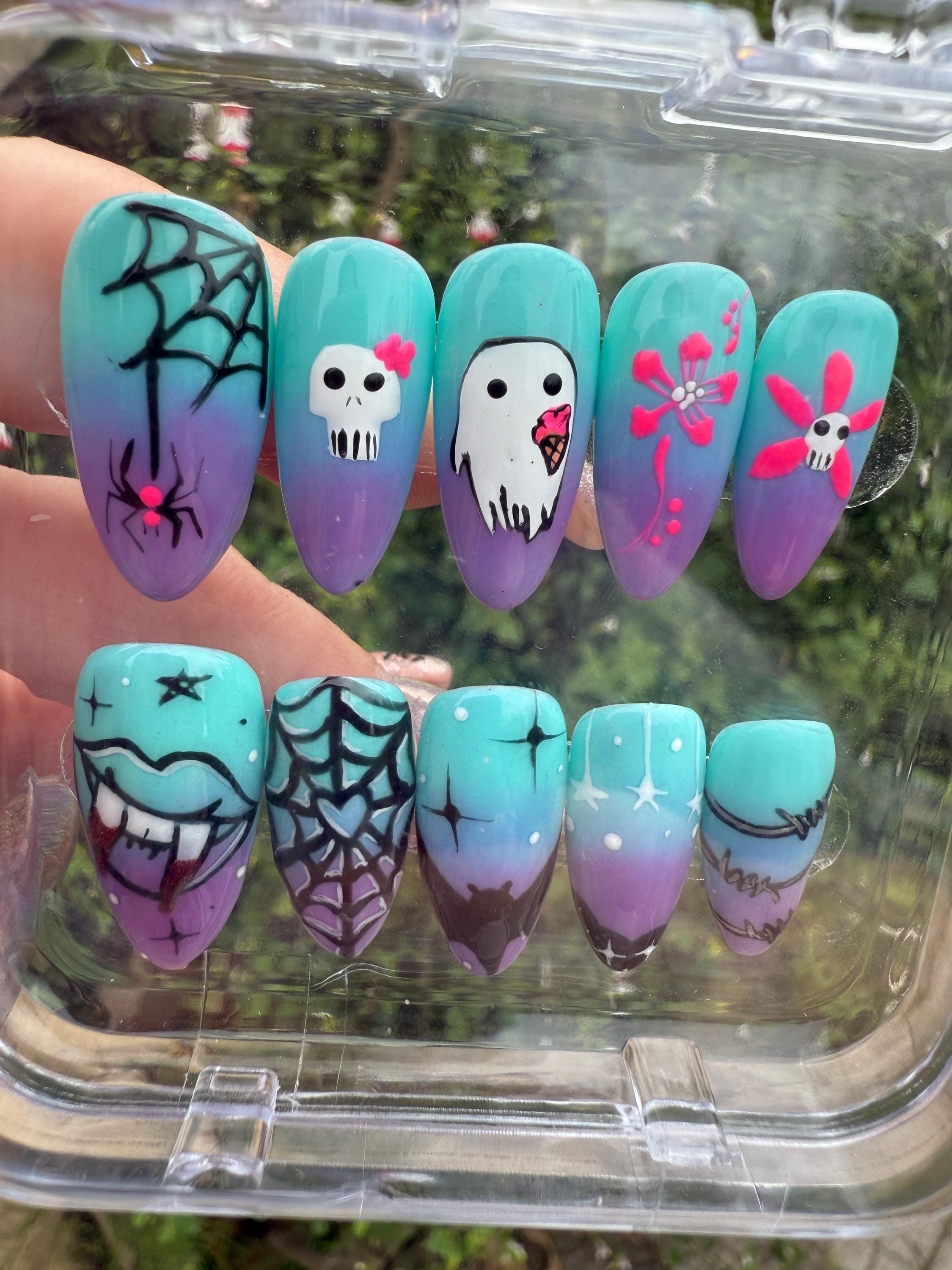 Summerween ombré press on nails - Blue purple fake nails - reusable handmade nails - gothic spooky press ons - gift for her