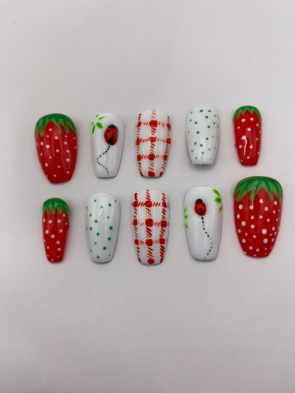 Trending Fruit nails - press on nails - strawberry - ladybugs - red - white - gifts for her