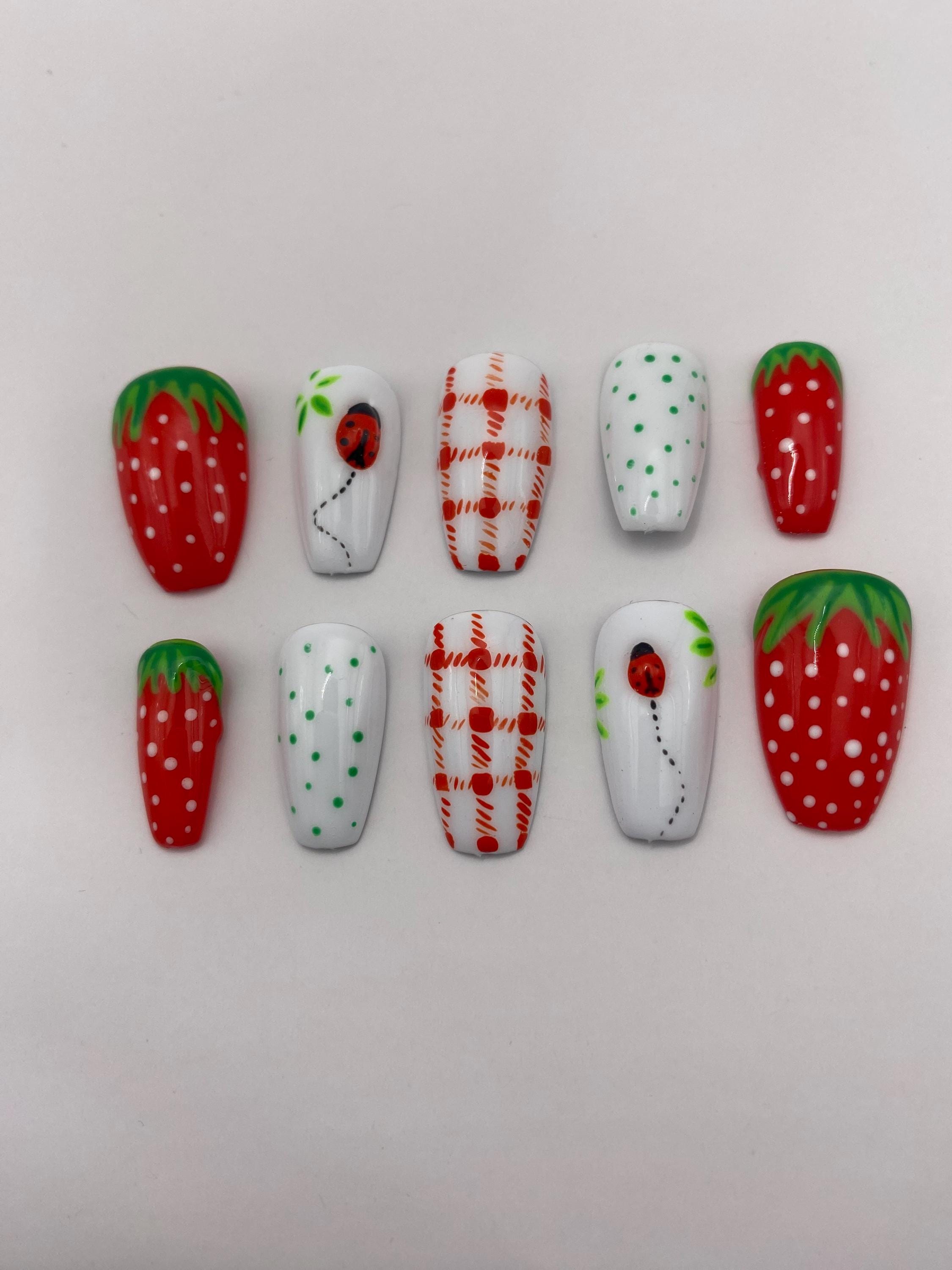 Trending Fruit nails - press on nails - strawberry - ladybugs - red - white - gifts for her