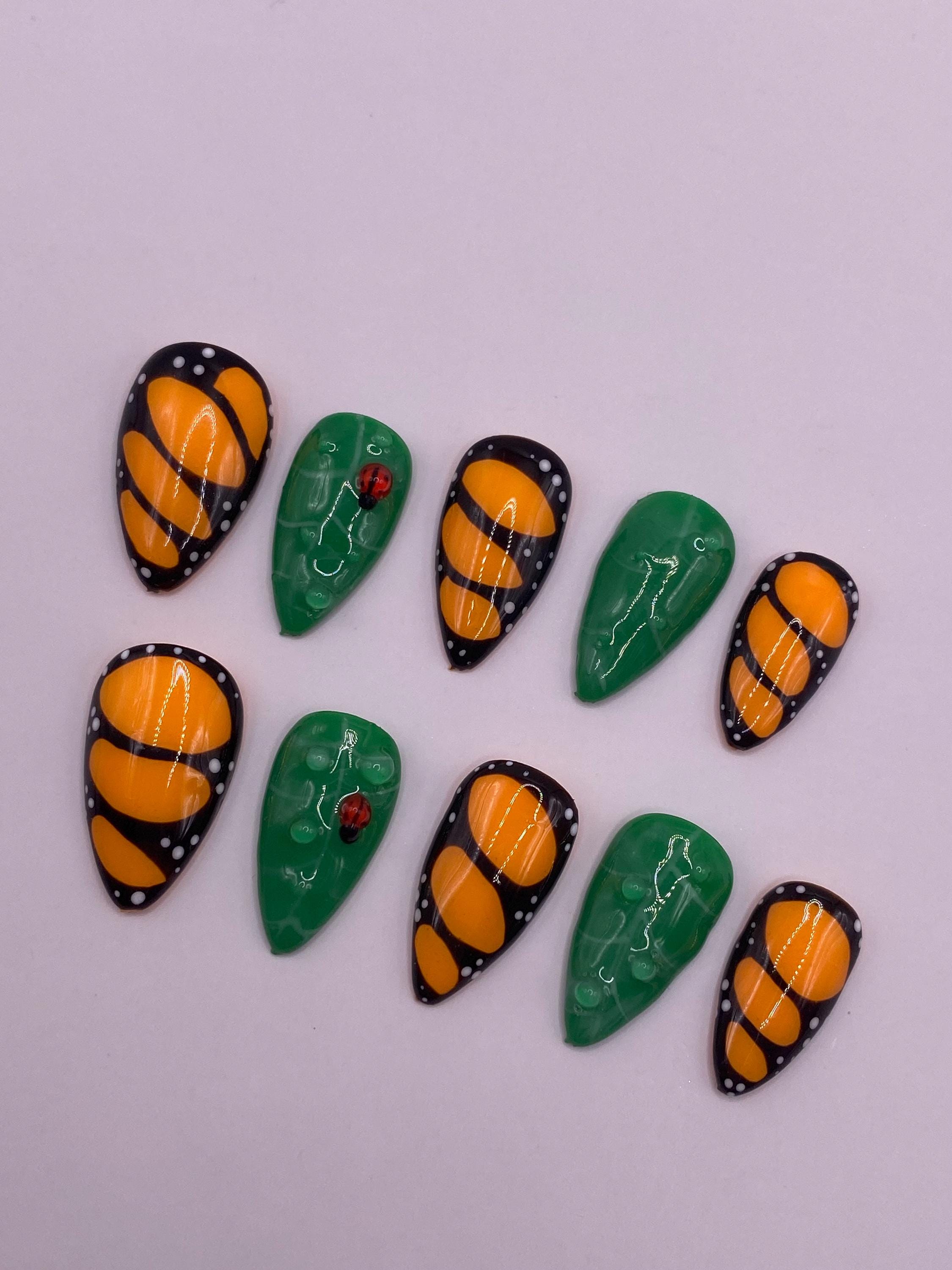 Butterfly wing and ladybird leaf press on nails - Garden fake nails - reusable handmade nails - butterfly press ons - gift for her