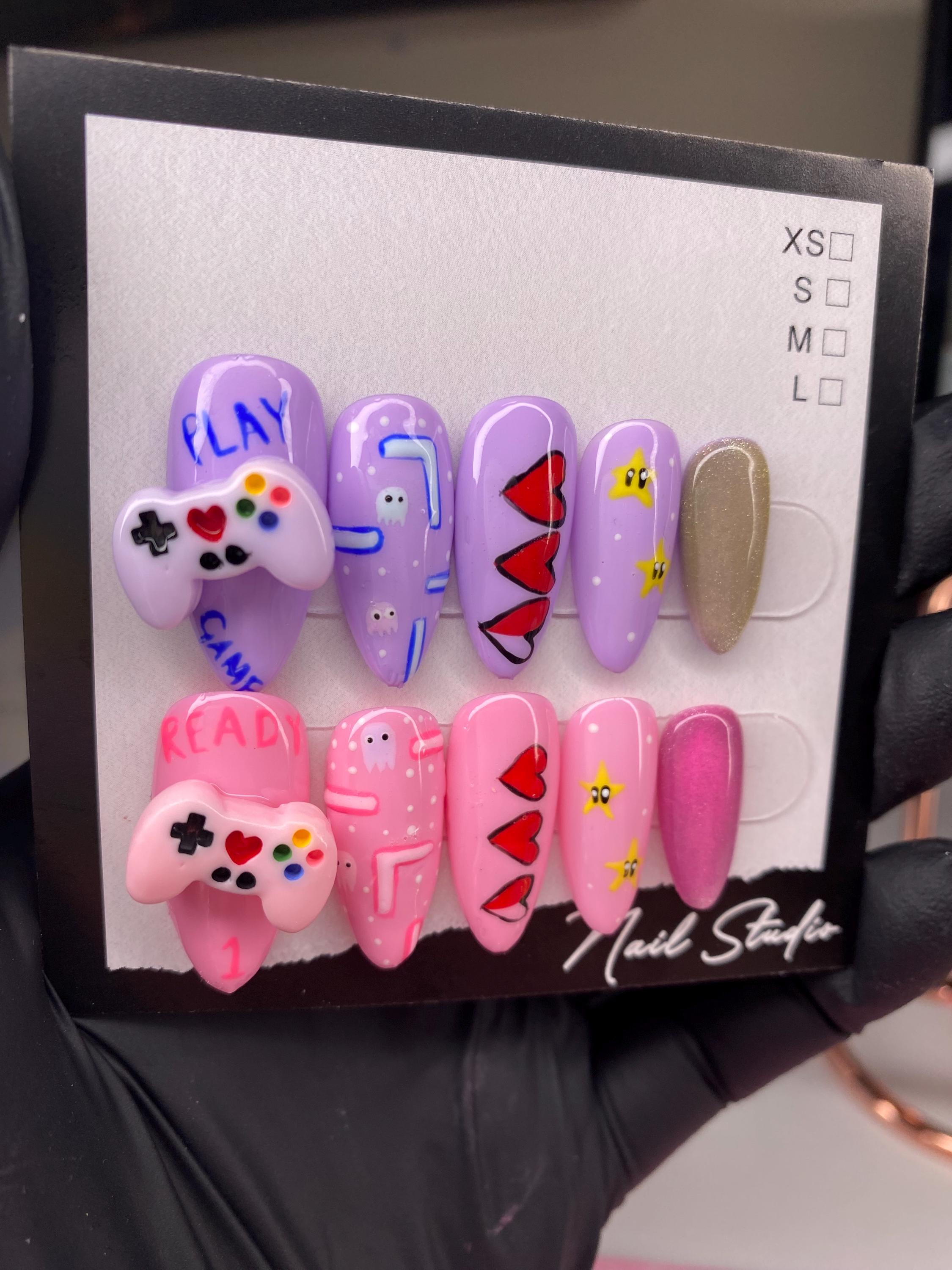 Gamer pink and purple press on nails - gamer girl - kawaii - retro - games - retro games - magnetic nails - nail art - nail charms -