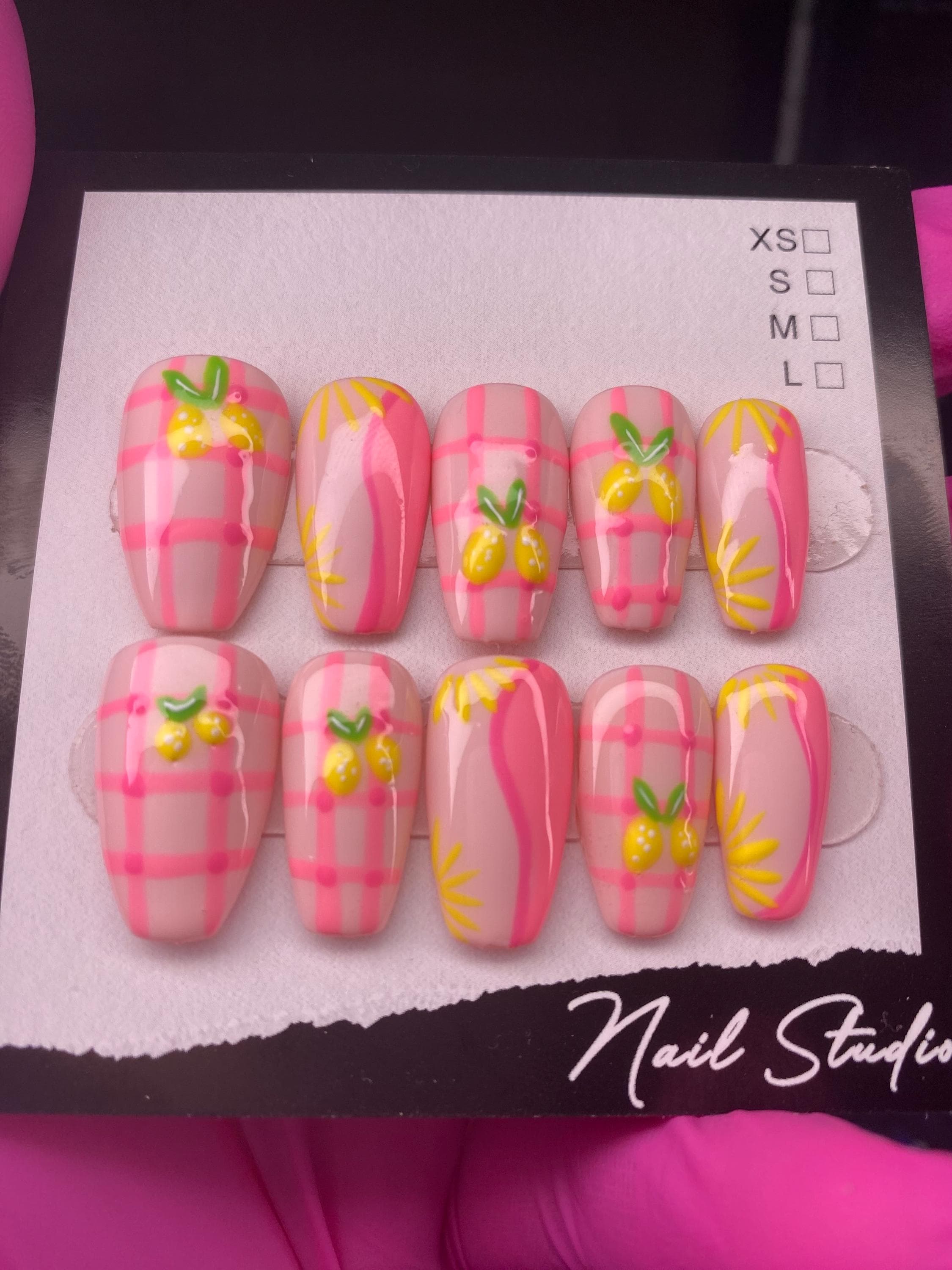 Pink gingham lemon press on nails - Picnic nails - Summer nails - Pink press on nails - Fruit nails - spring nails - trendy nails