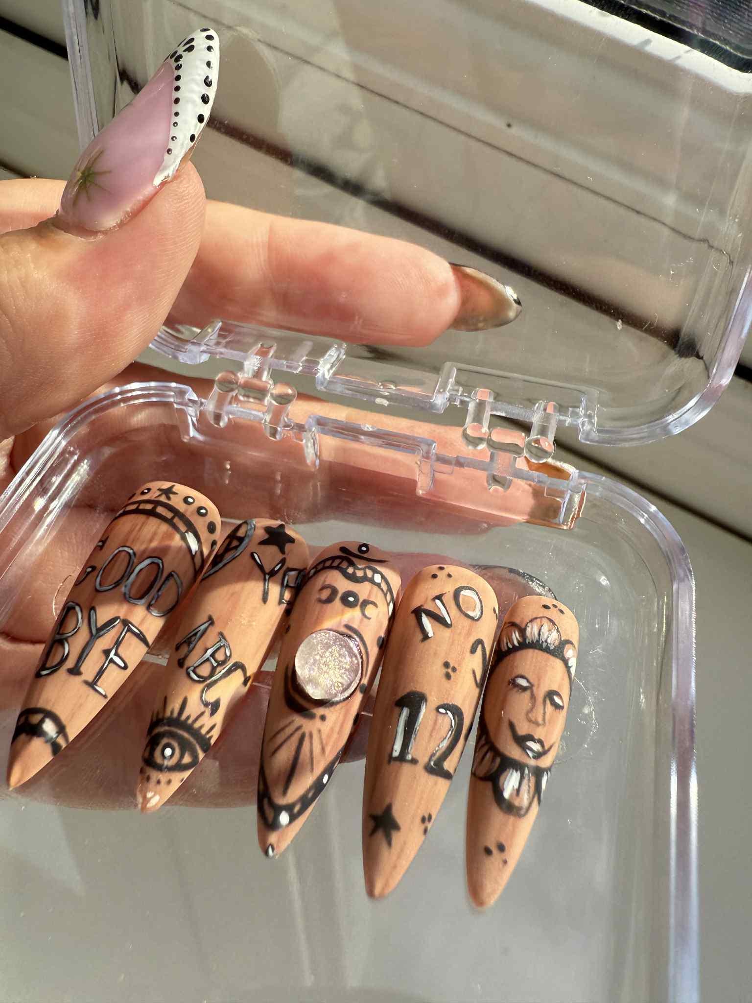 Ouija Board Inspired Press-On Nails – Gothic Black, White Nail Set with Occult & Spirit Designs – Reusable False Nails - gifts for her