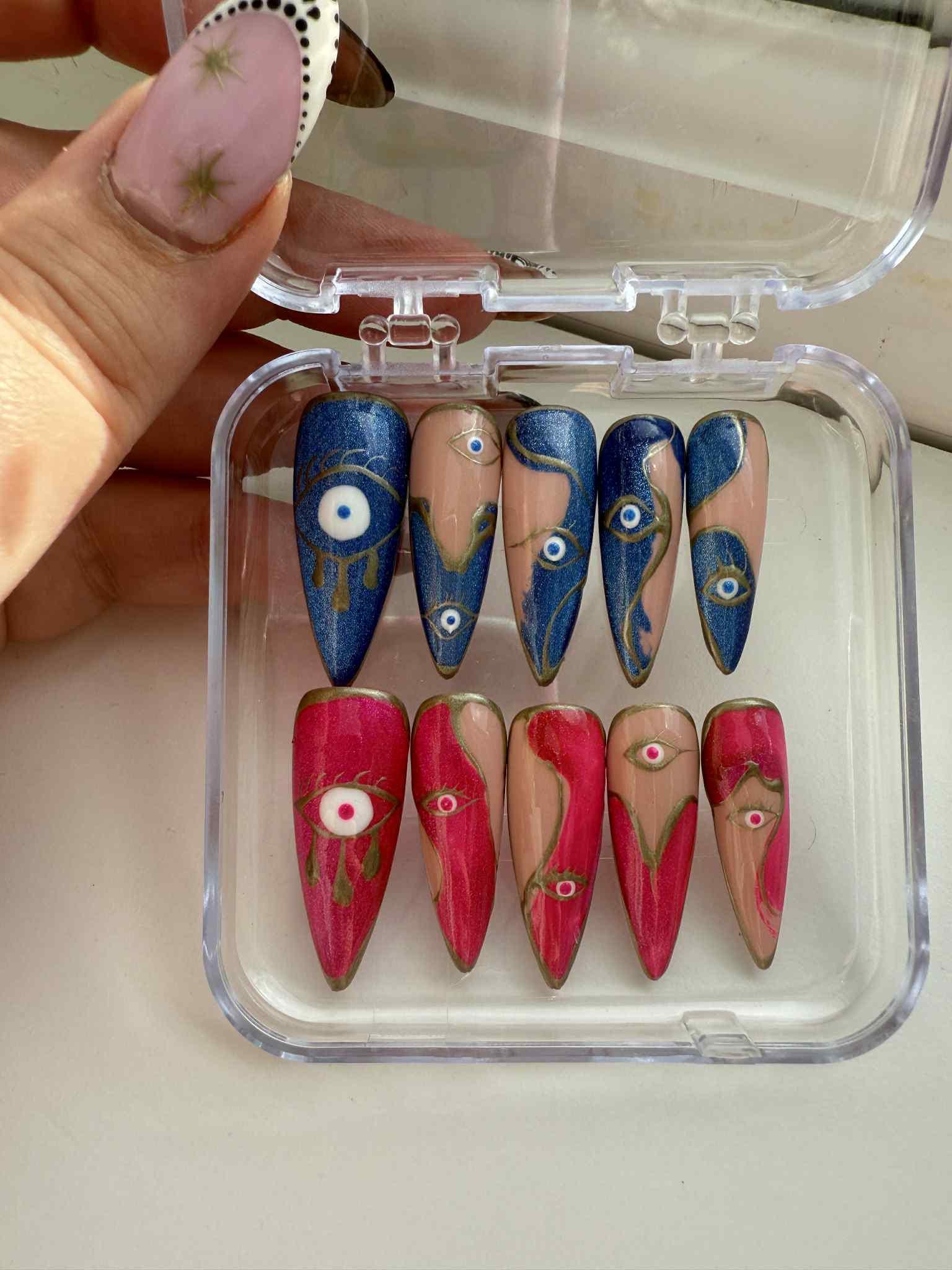Handmade Evil Eye Press On Nails – Blue & Pink Mixed Set | Long Stiletto Artistic Nail Art | Boho Witchy Protective Nail Design-gift for her