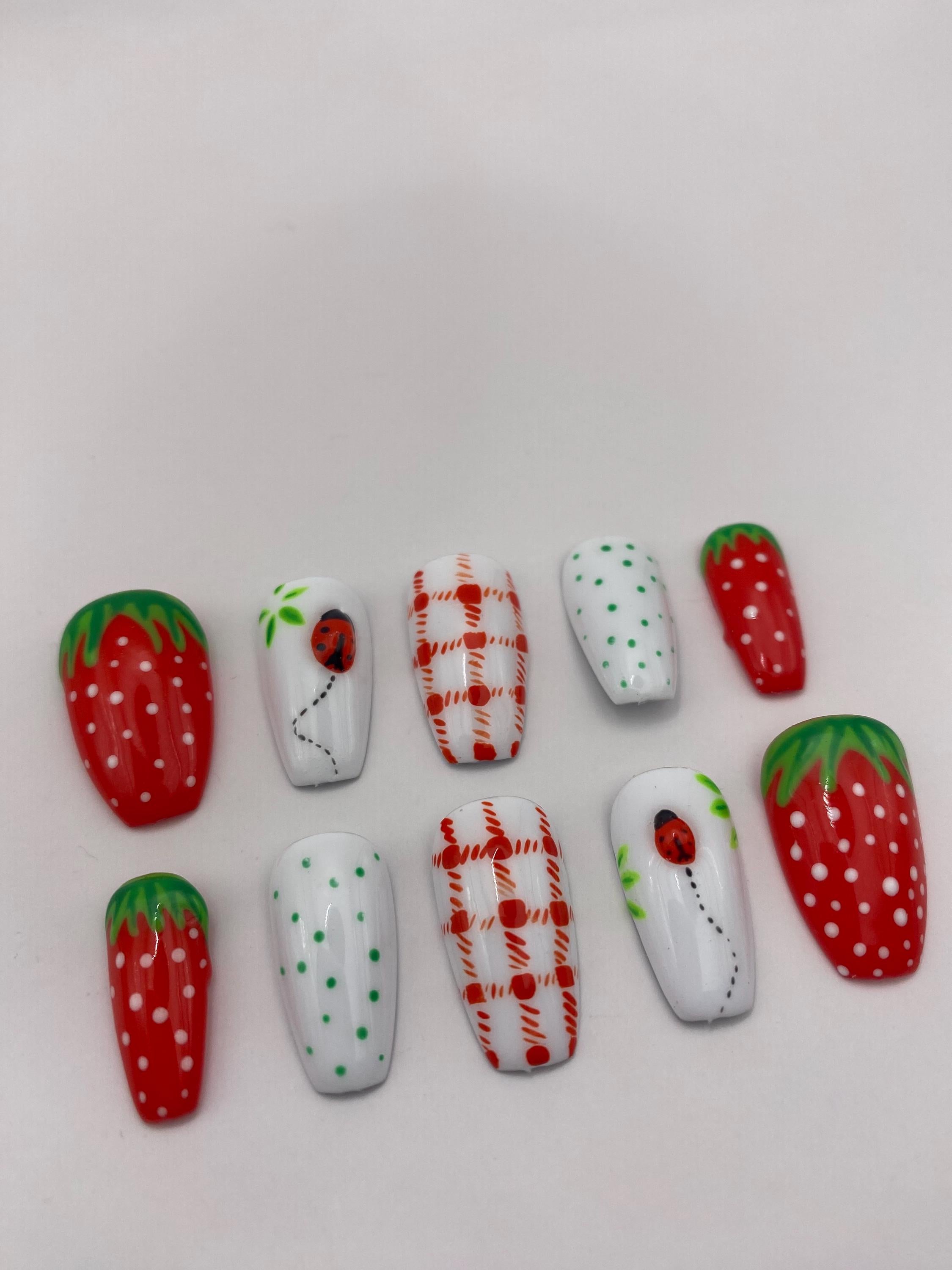 Trending Fruit nails - press on nails - strawberry - ladybugs - red - white - gifts for her