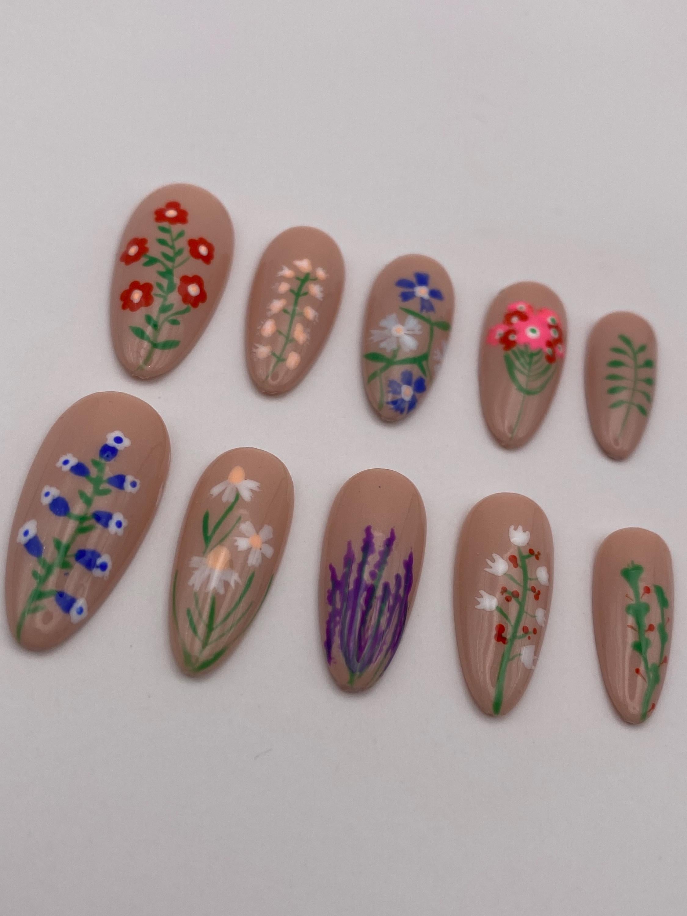 Floral press on nails - Garden fake nails - reusable handmade nails - flower press ons - gift for her