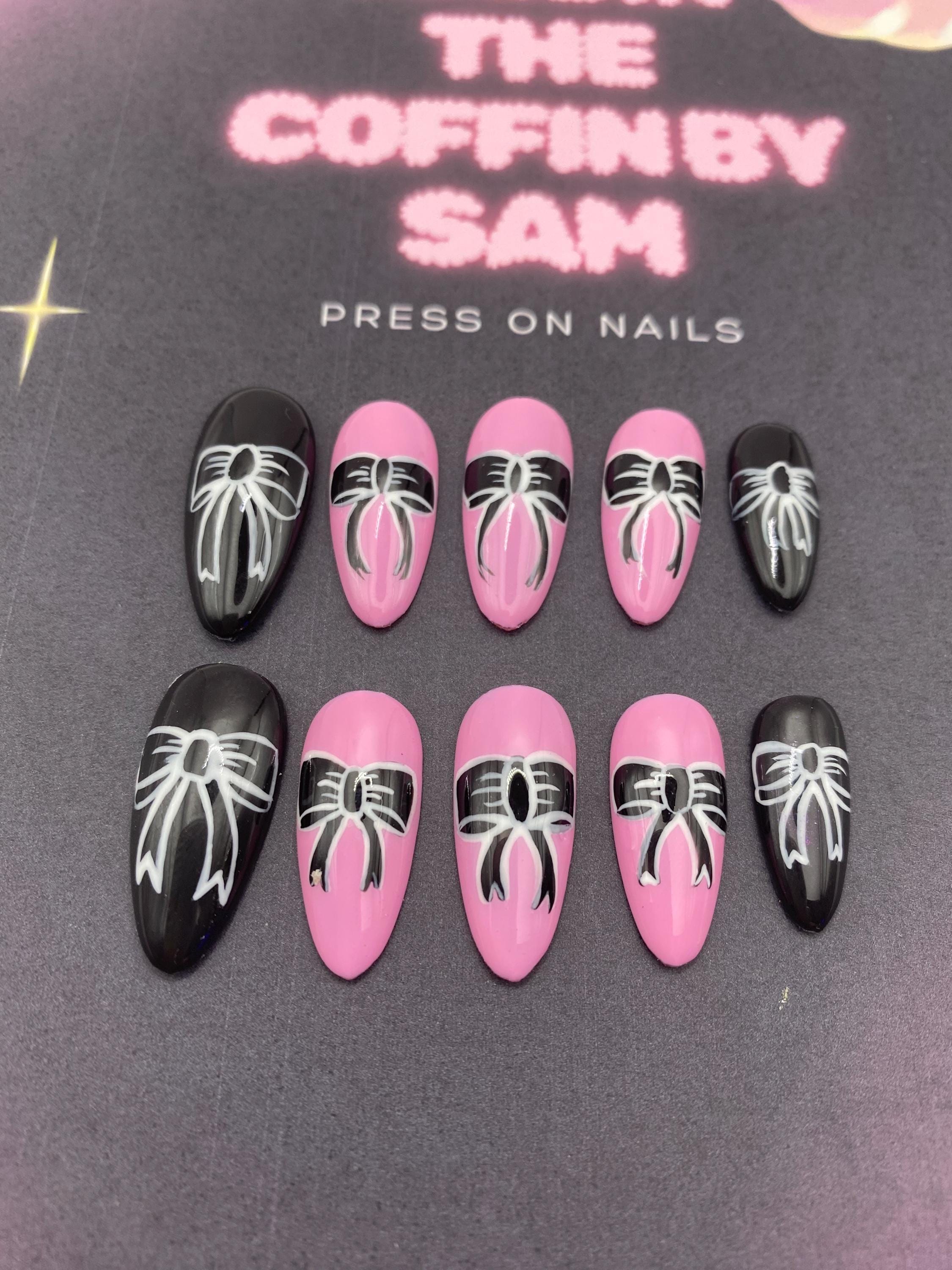 Gothic press on nails - pink - black - gifts for her - goth - bow -