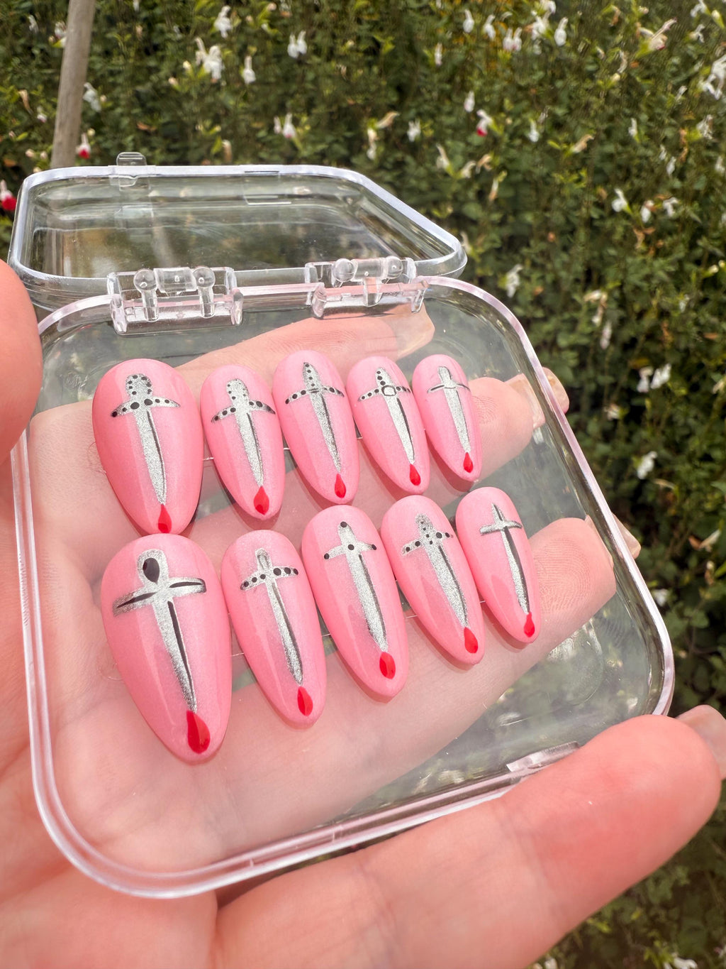 Pink Press On Nails with Silver Swords & Blood Drip | Gothic Nail Art | Horror Nails | Handmade Fake Nails | Halloween Nails | Gift for her
