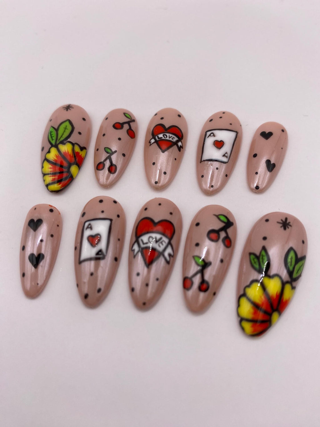 Tattoo inspired press on nail set - beige - gift for her - unique gift - red - fake nails - unique design - chrome