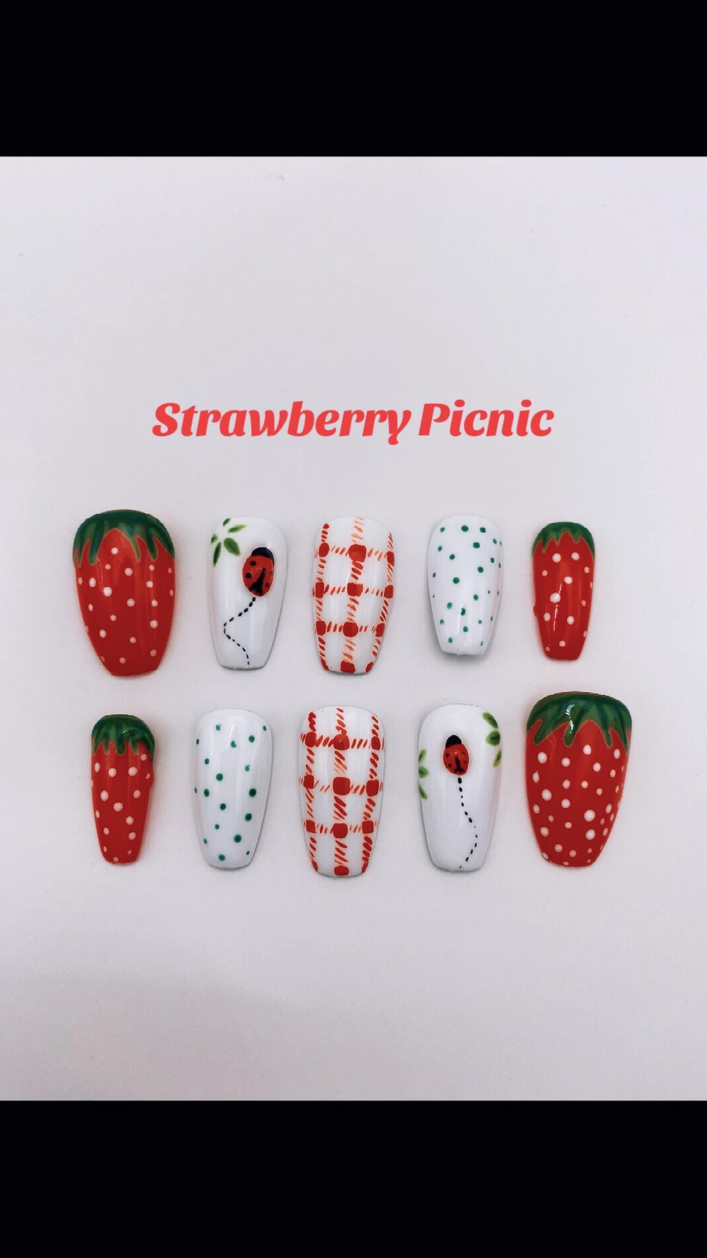 Trending Fruit nails - press on nails - strawberry - ladybugs - red - white - gifts for her
