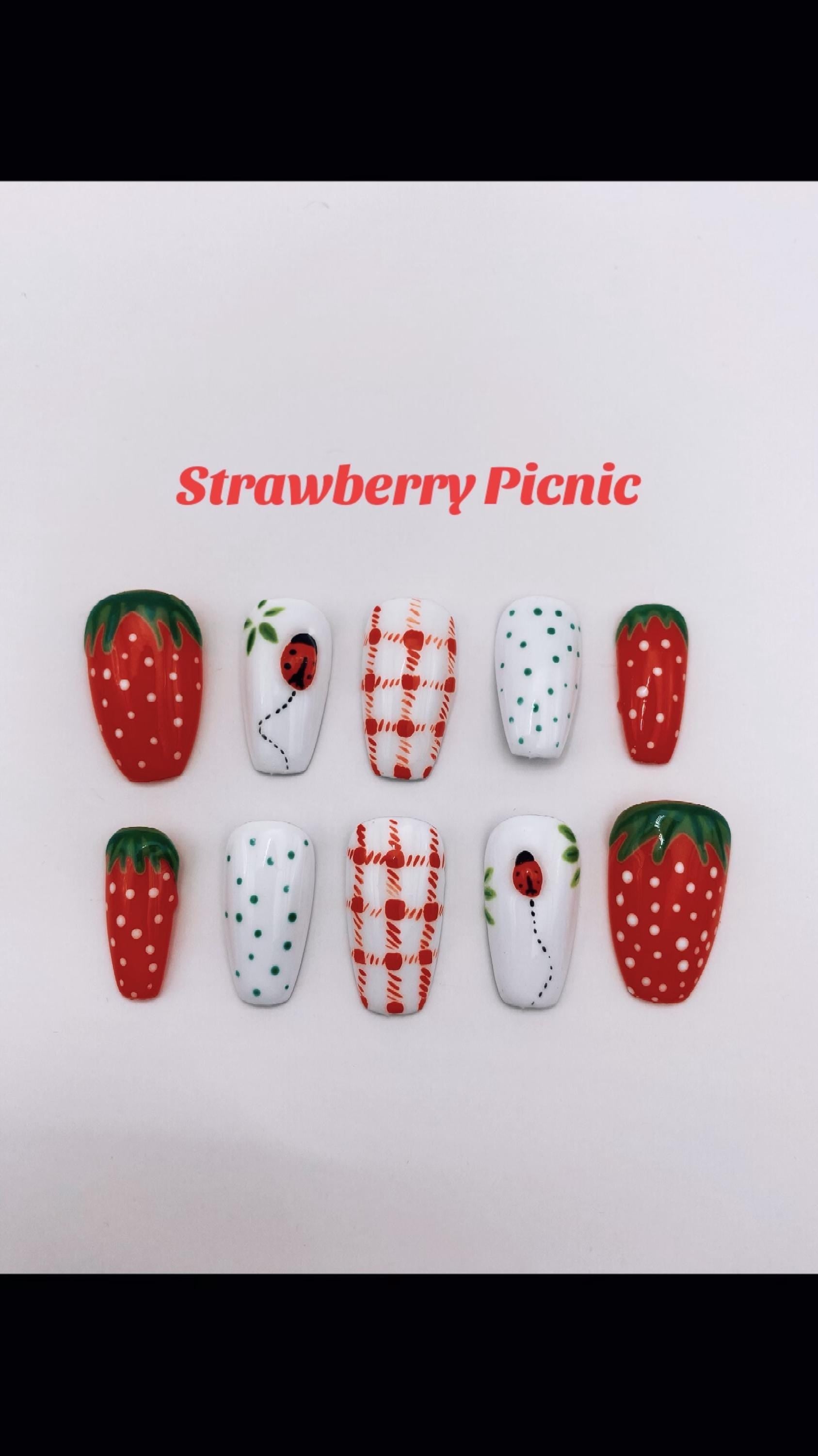 Trending Fruit nails - press on nails - strawberry - ladybugs - red - white - gifts for her