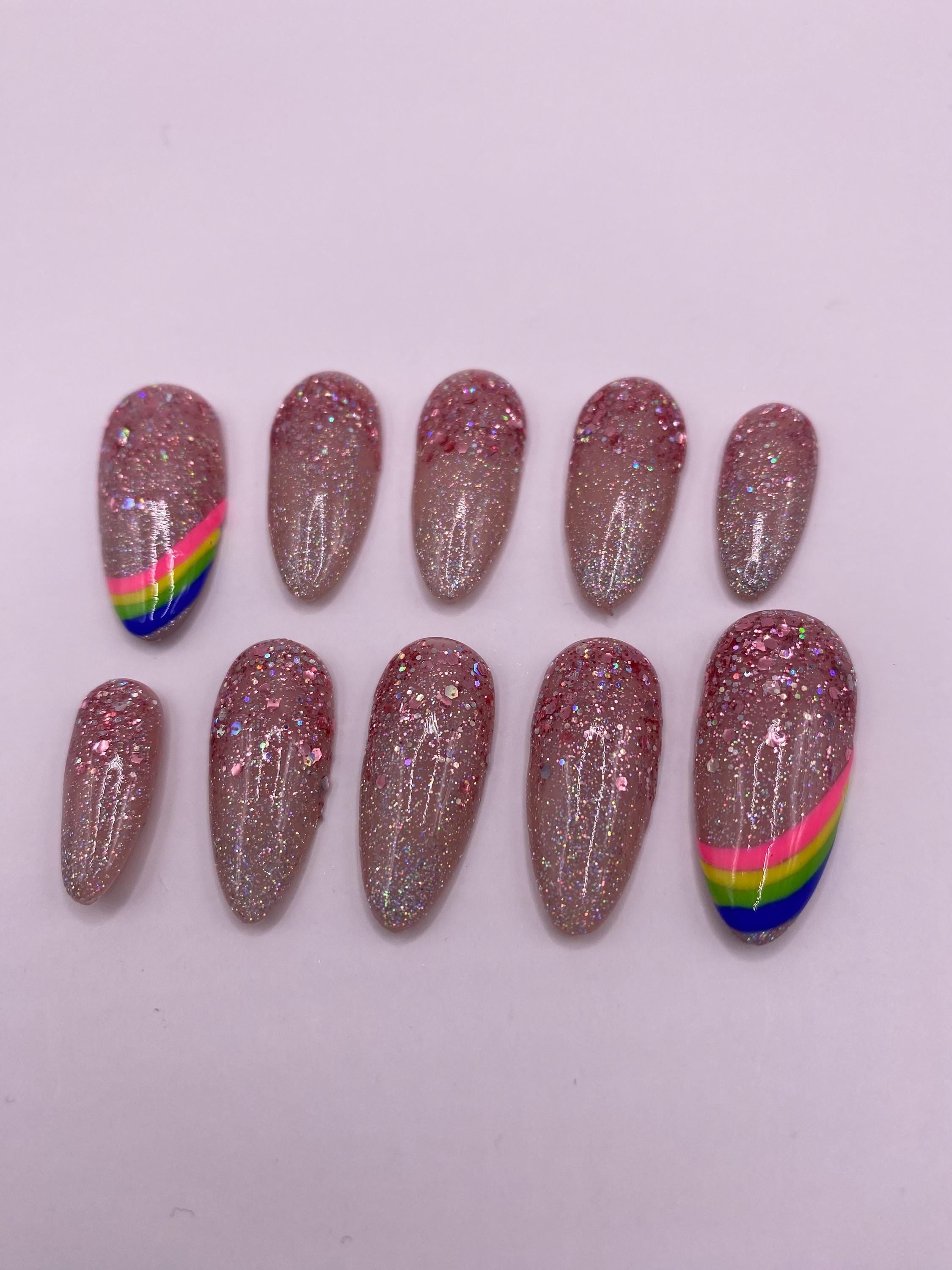 Sparkly press on nail set - party nails - lgbtq - reusable handmade nails - sparkle - glitter -gift for her - rose gold