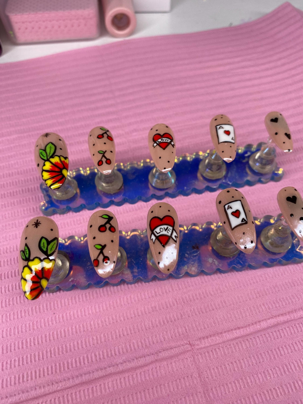 Tattoo inspired press on nail set - beige - gift for her - unique gift - red - fake nails - unique design - chrome
