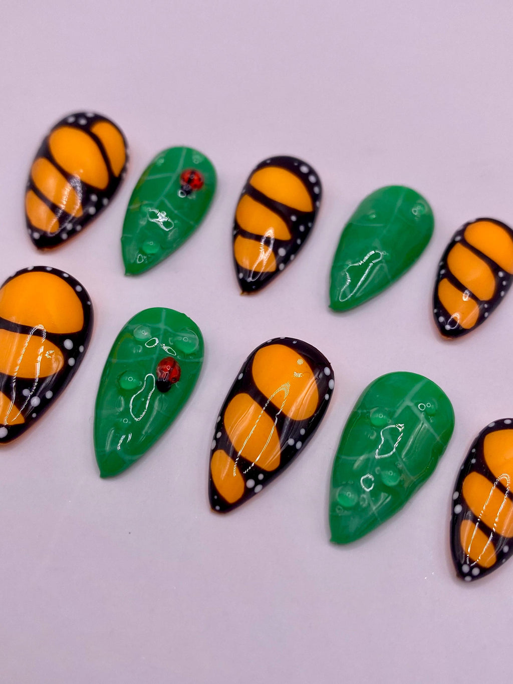 Butterfly wing and ladybird leaf press on nails - Garden fake nails - reusable handmade nails - butterfly press ons - gift for her