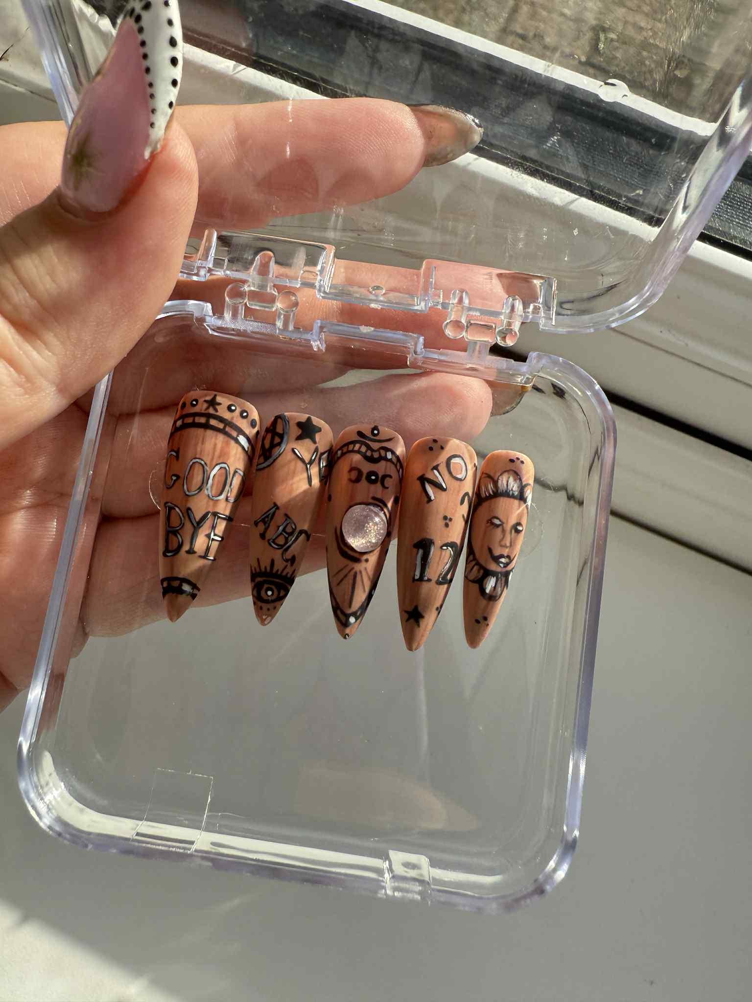 Ouija Board Inspired Press-On Nails – Gothic Black, White Nail Set with Occult & Spirit Designs – Reusable False Nails - gifts for her