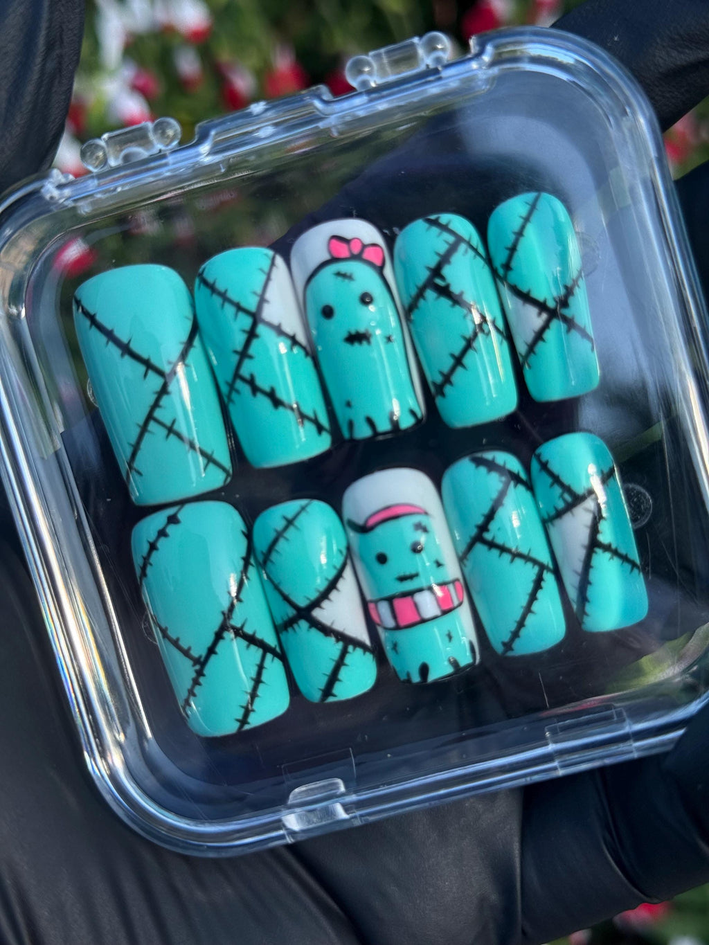 Cute ghost press on nails - aqua blue fake nails - reusable handmade nails - cute press ons - gift for her