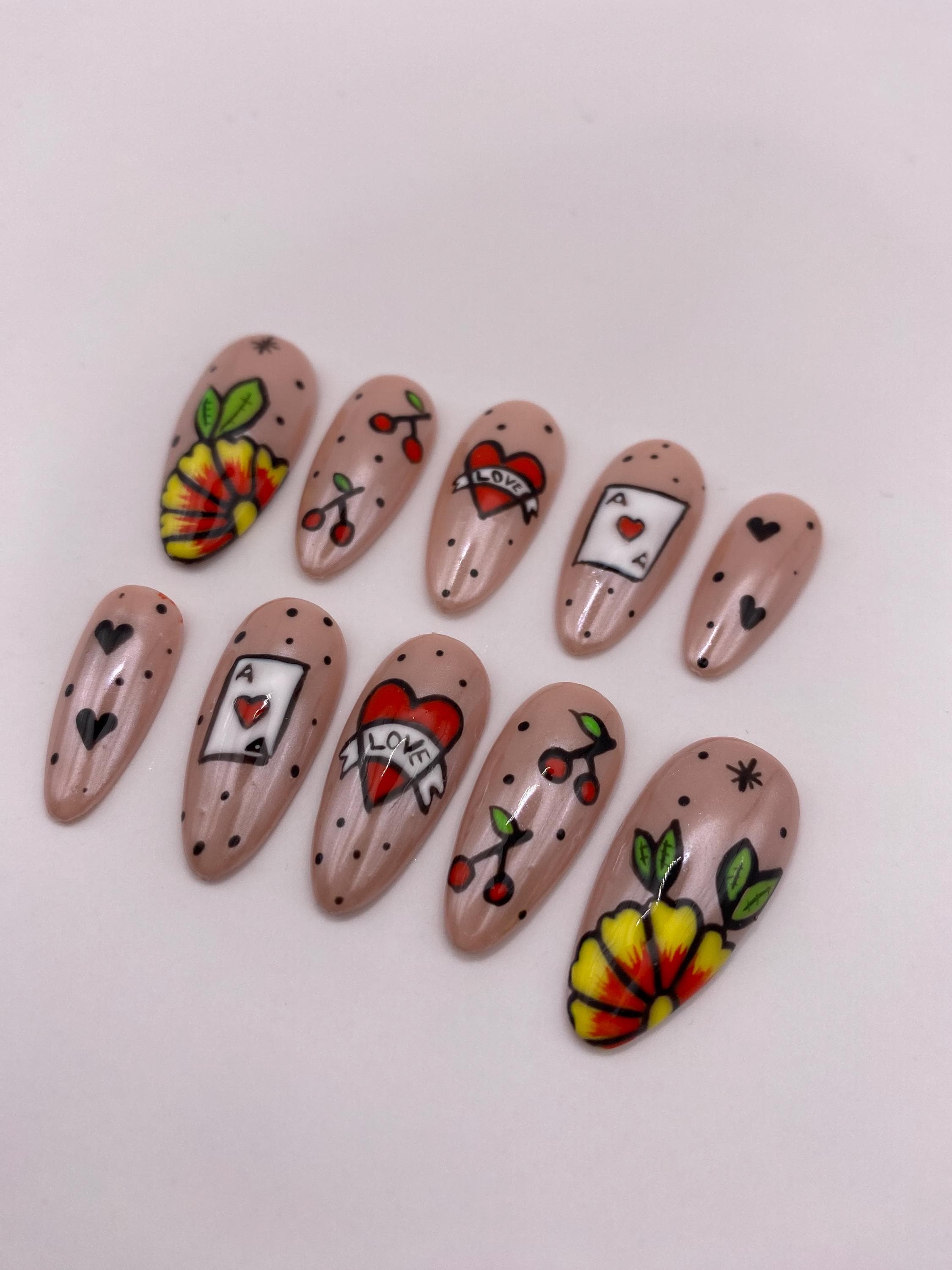 Tattoo inspired press on nail set - beige - gift for her - unique gift - red - fake nails - unique design - chrome