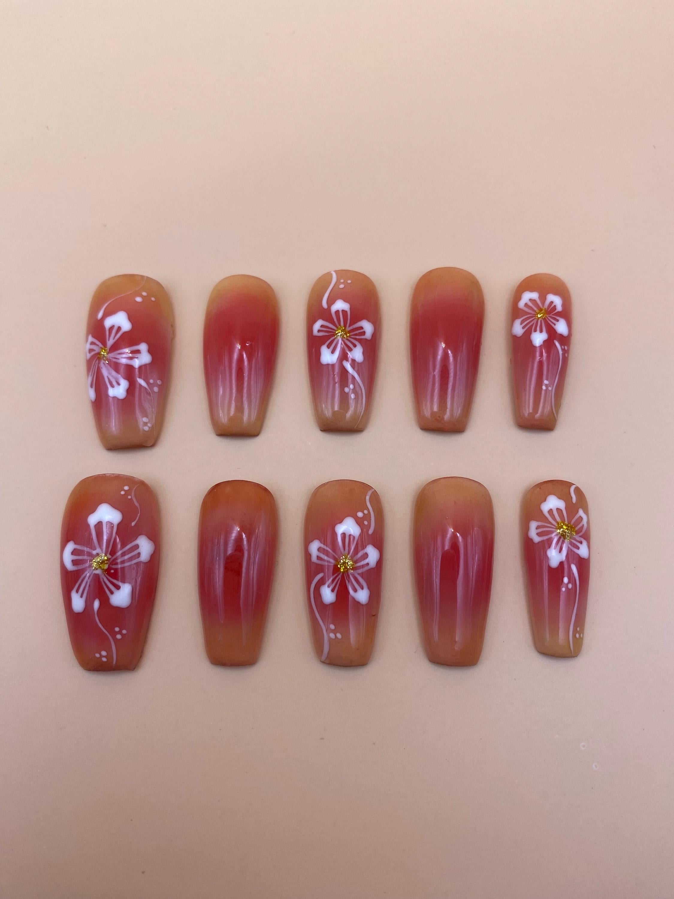 Summer coral flower press on nails - Hibiscus flower fake nails - reusable handmade nails - bright summer press ons - gift for her