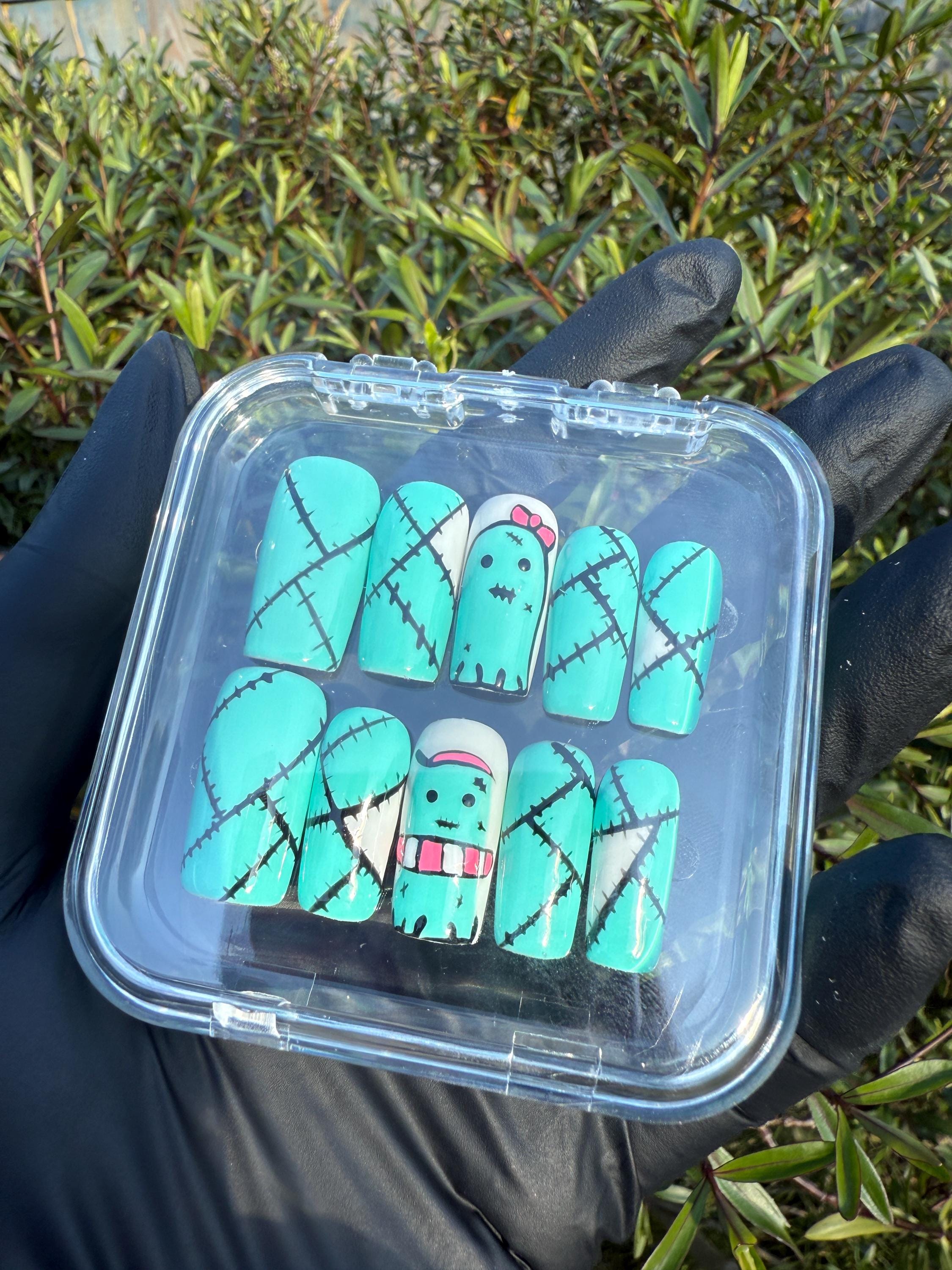 Cute ghost press on nails - aqua blue fake nails - reusable handmade nails - cute press ons - gift for her