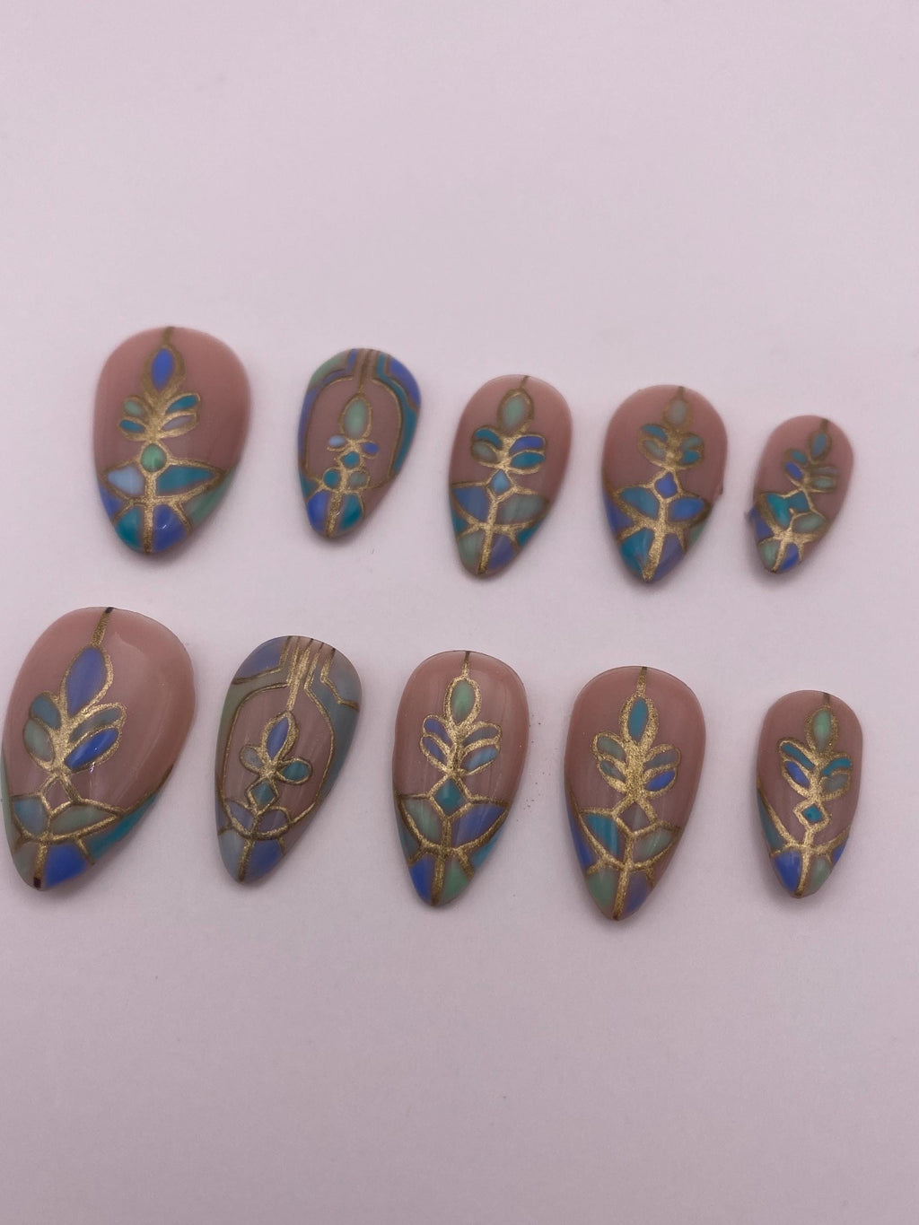 Stained glass press on nails - Gothic green blue fake nails - nail art set - reusable handmade nails - natural press on - gift for her