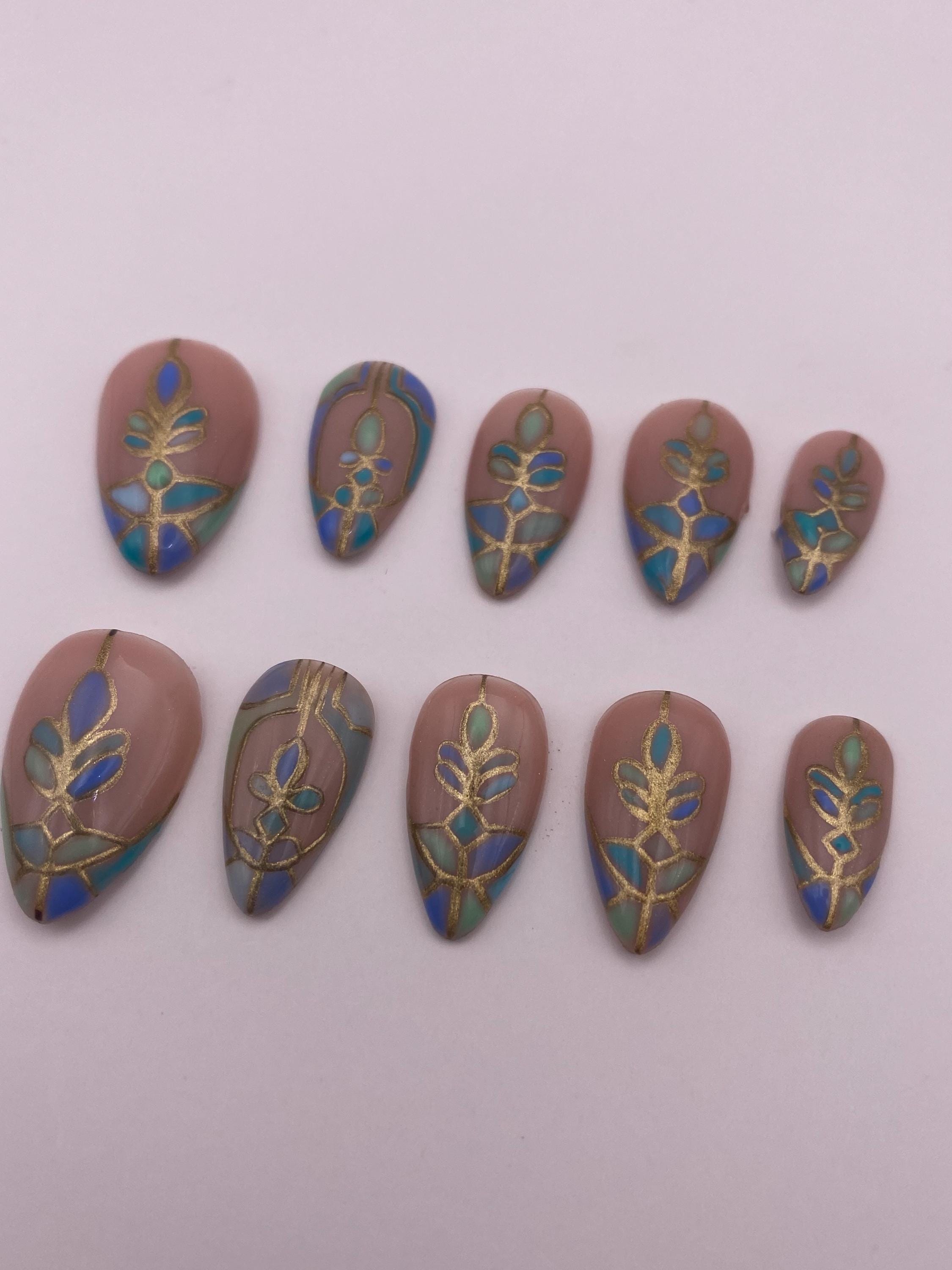 Stained glass press on nails - Gothic green blue fake nails - nail art set - reusable handmade nails - natural press on - gift for her