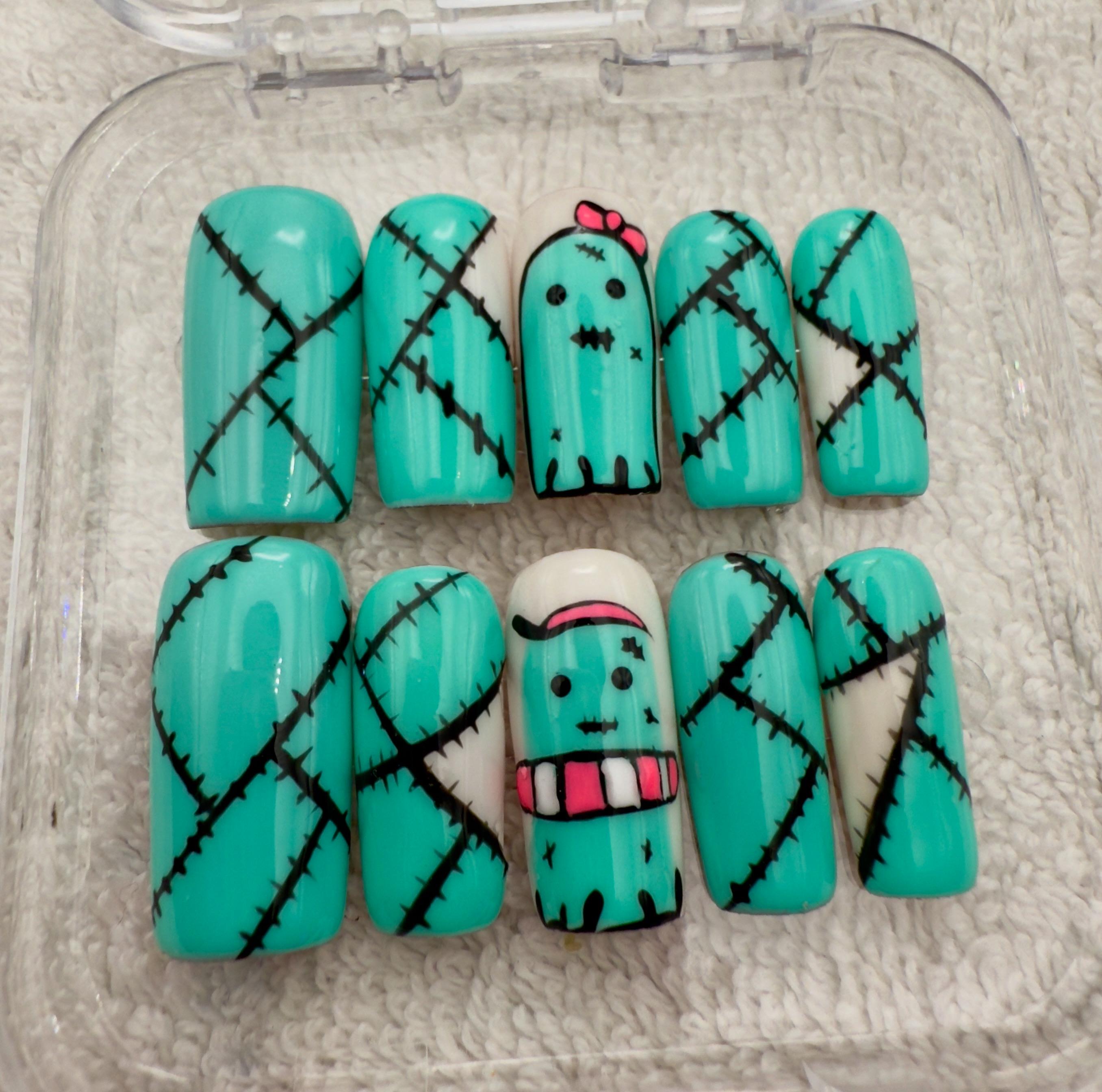 Cute ghost press on nails - aqua blue fake nails - reusable handmade nails - cute press ons - gift for her