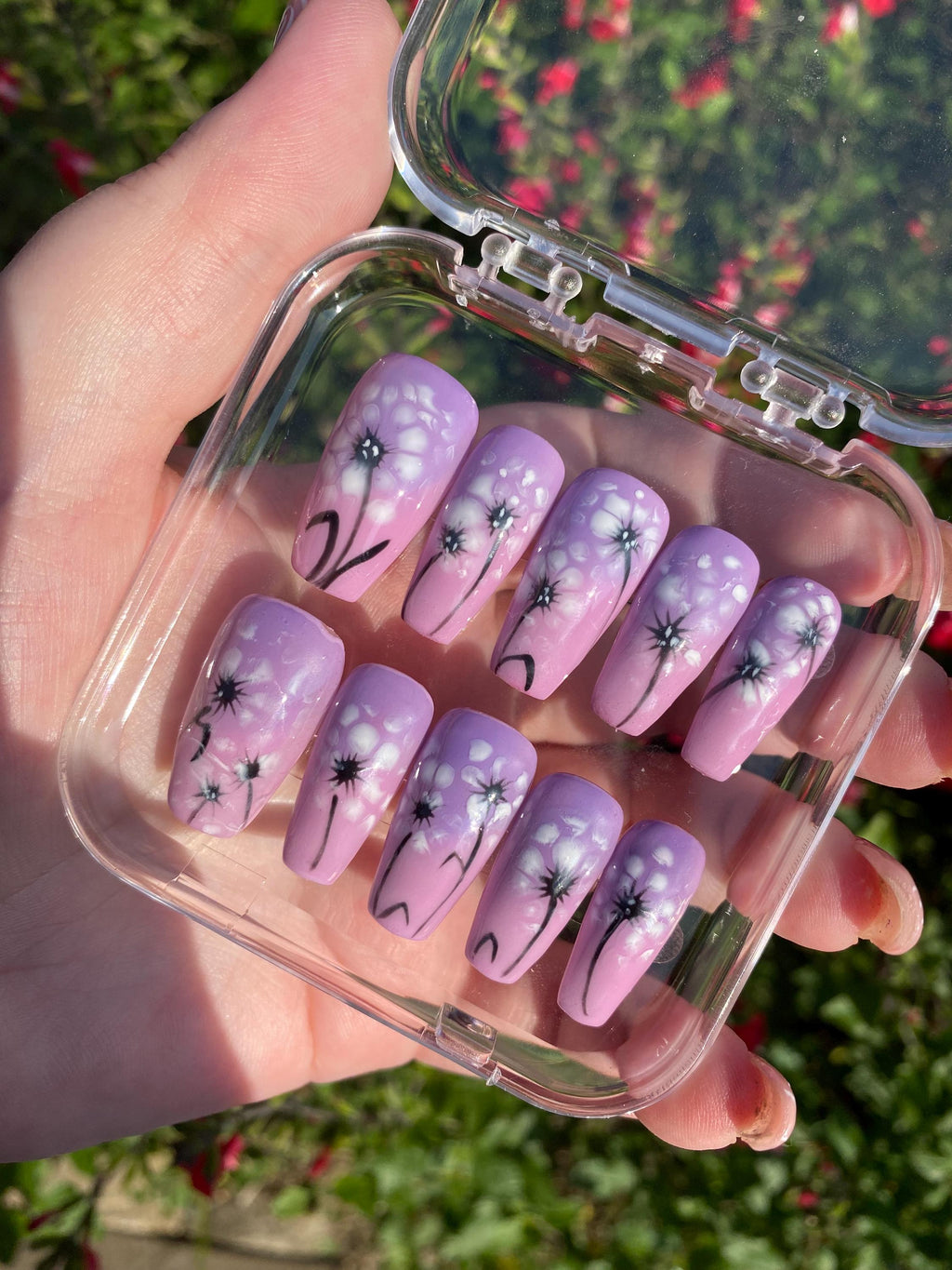 Summer flower press on nails - Garden fake nails - reusable handmade nails - pink purple press ons - gift for her