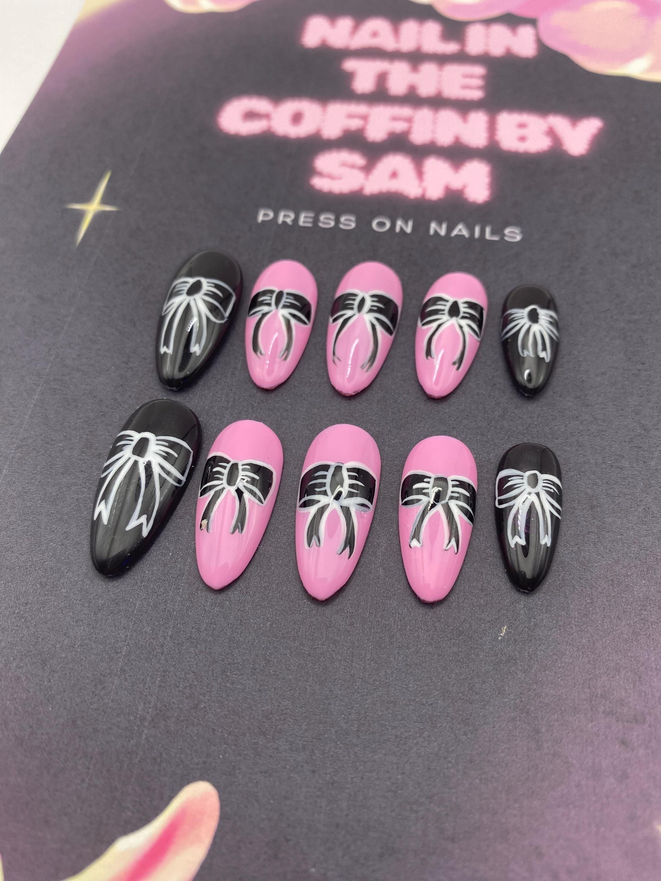 Gothic press on nails - pink - black - gifts for her - goth - bow -