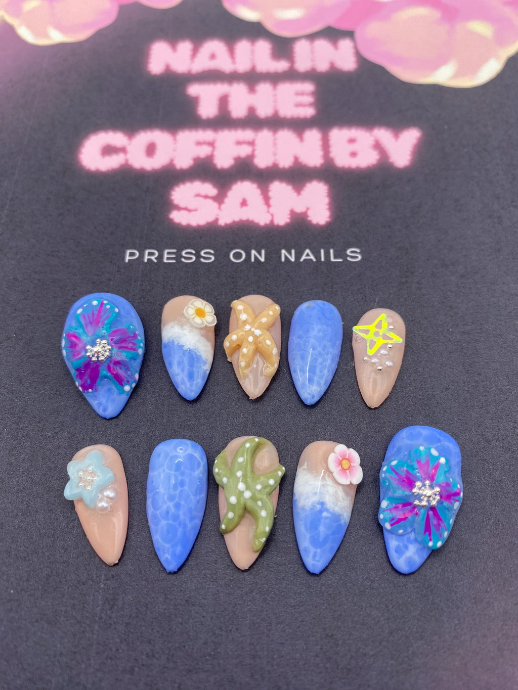 4d 3d press on nails - beach - holiday - sea life -unique nails - blue - starfish - flowers