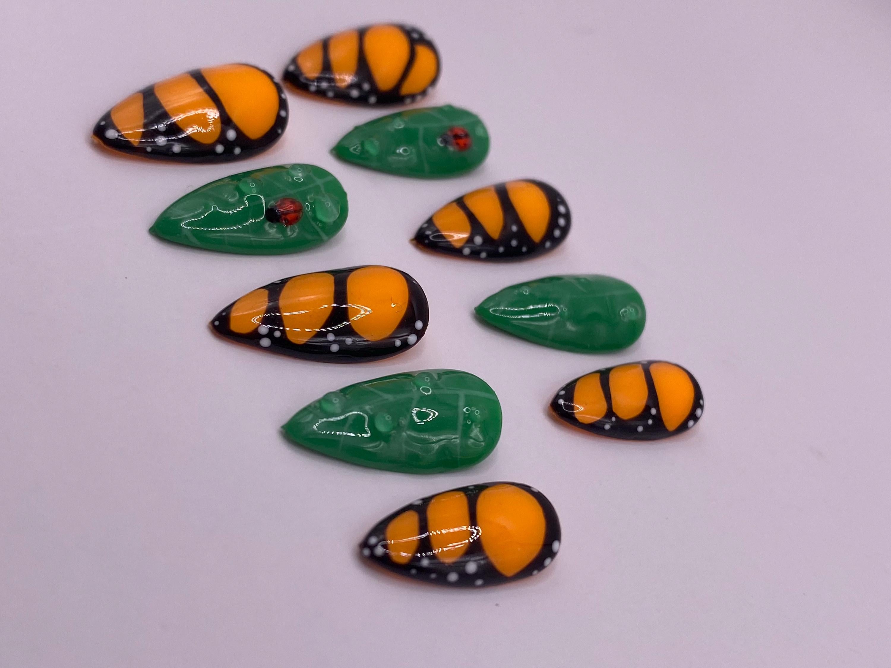 Butterfly wing and ladybird leaf press on nails - Garden fake nails - reusable handmade nails - butterfly press ons - gift for her