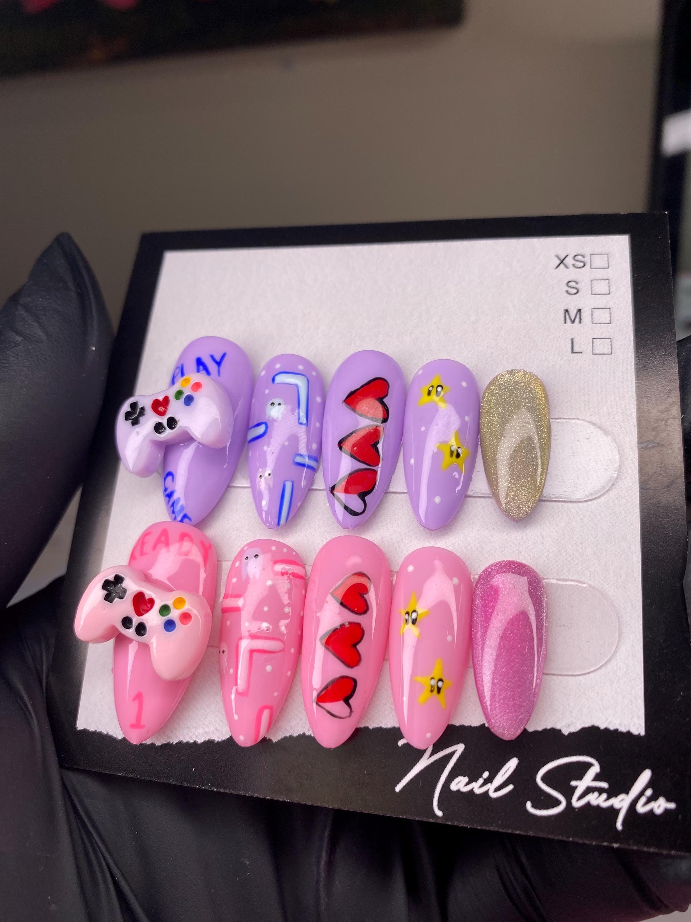 Gamer pink and purple press on nails - gamer girl - kawaii - retro - games - retro games - magnetic nails - nail art - nail charms -