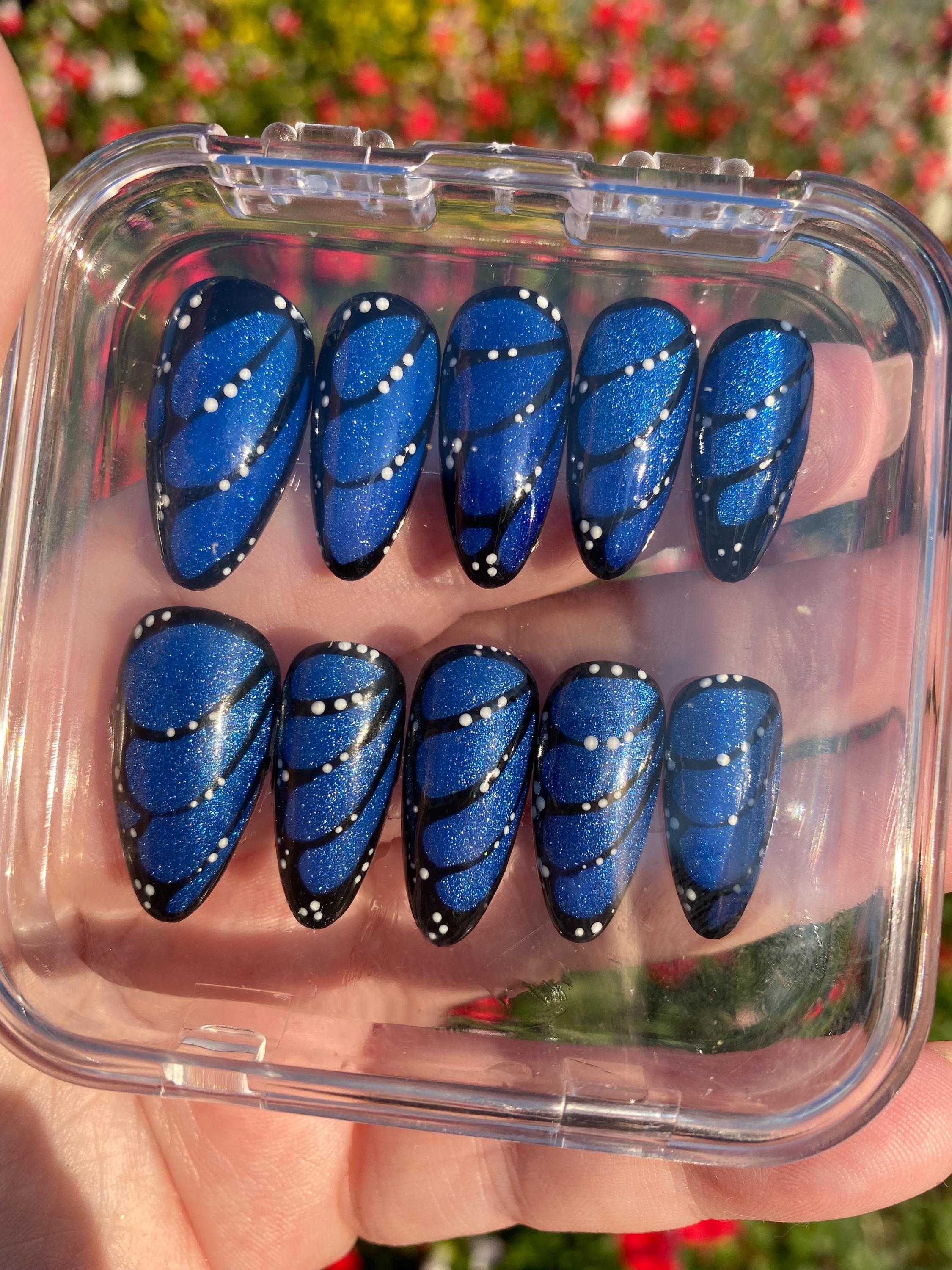 Butterfly wing with cat eye press on nails - magnetic fake nails - reusable handmade nails - butterfly press ons - gift for her