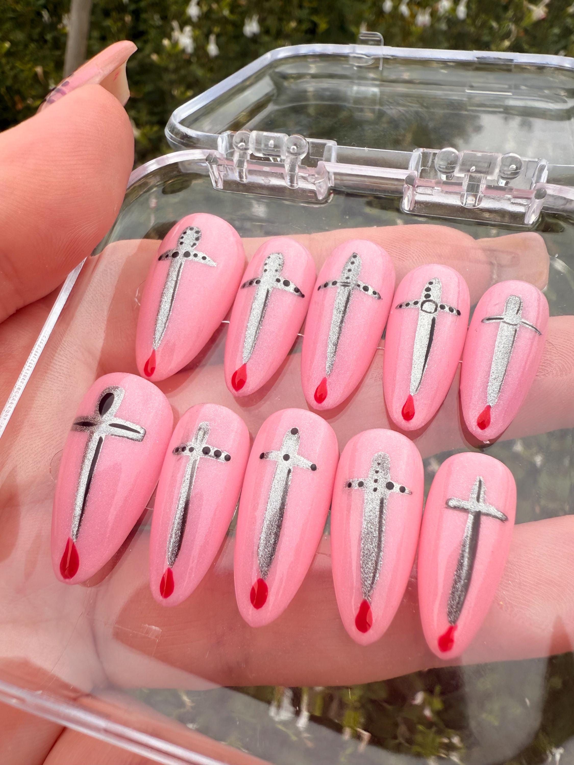 Pink Press On Nails with Silver Swords & Blood Drip | Gothic Nail Art | Horror Nails | Handmade Fake Nails | Halloween Nails | Gift for her