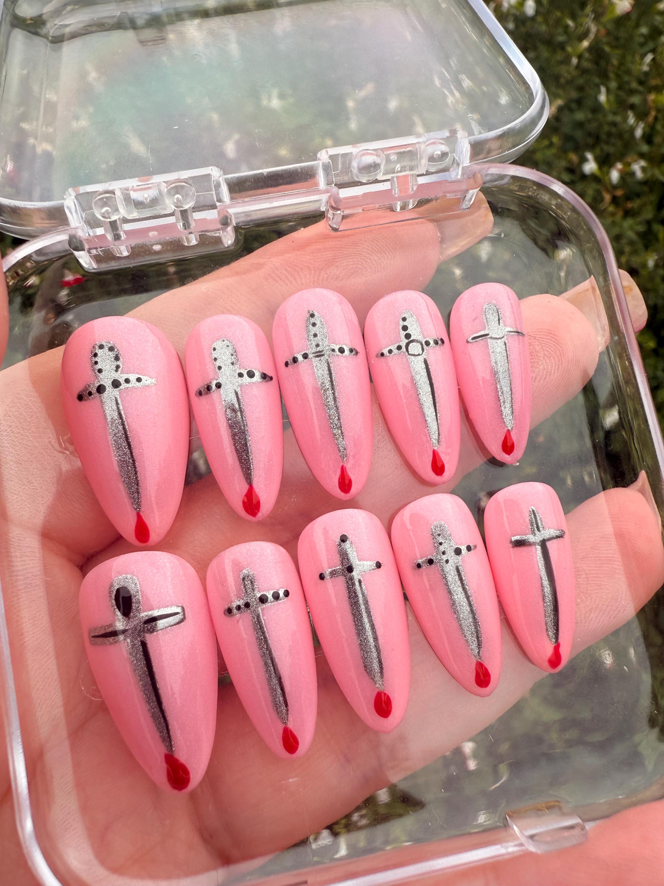 Pink Press On Nails with Silver Swords & Blood Drip | Gothic Nail Art | Horror Nails | Handmade Fake Nails | Halloween Nails | Gift for her