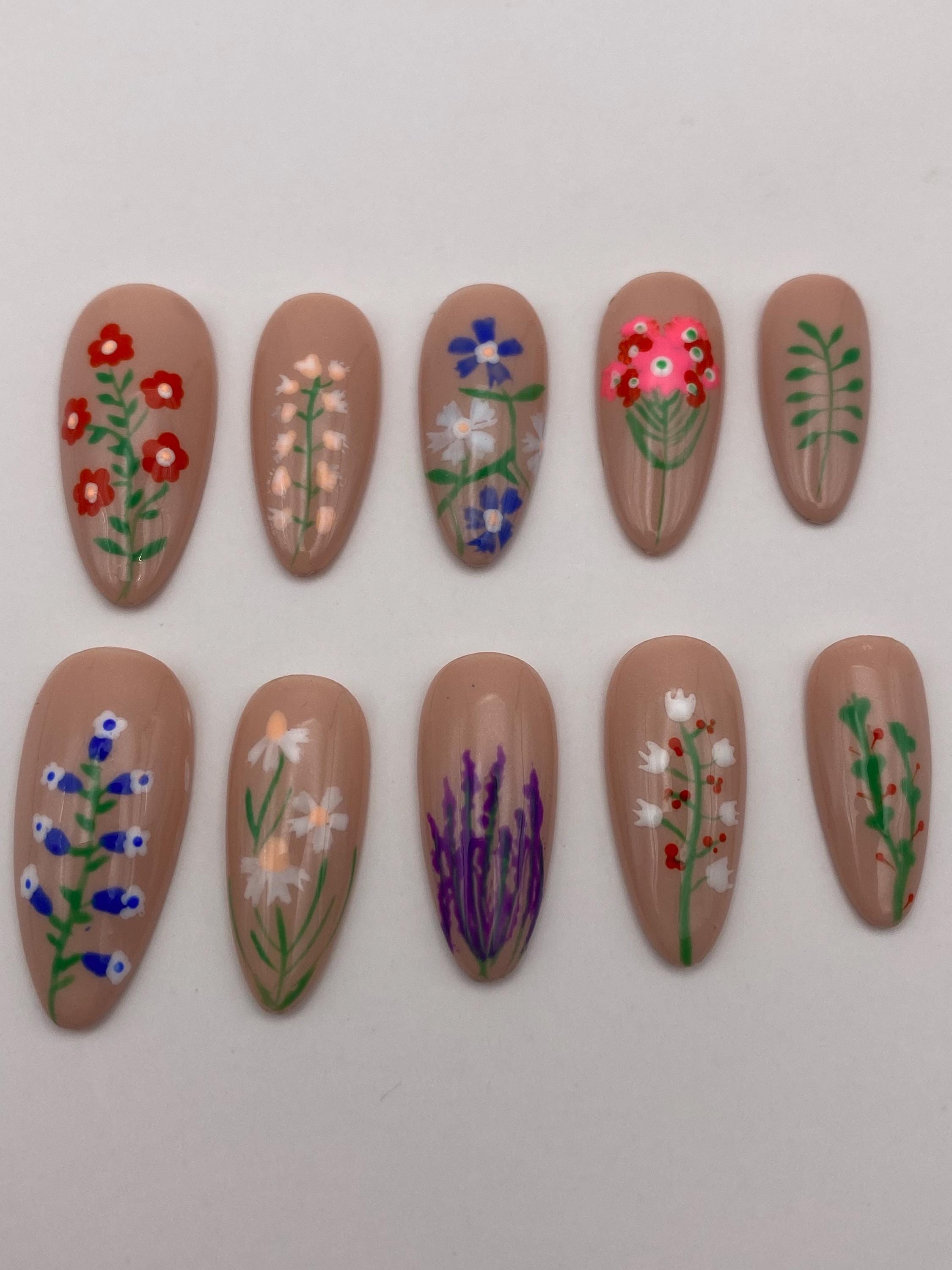 Floral press on nails - Garden fake nails - reusable handmade nails - flower press ons - gift for her