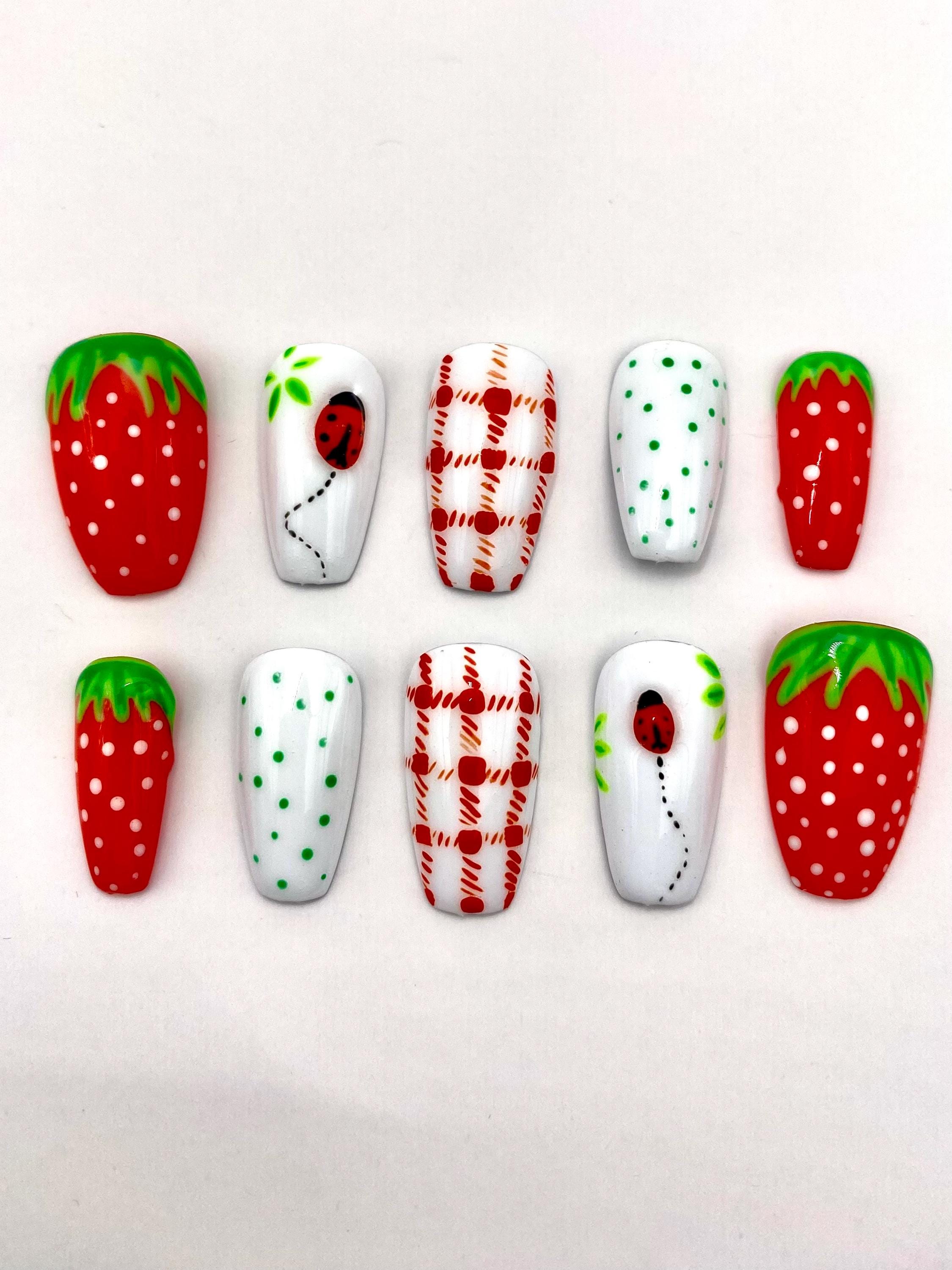 Trending Fruit nails - press on nails - strawberry - ladybugs - red - white - gifts for her