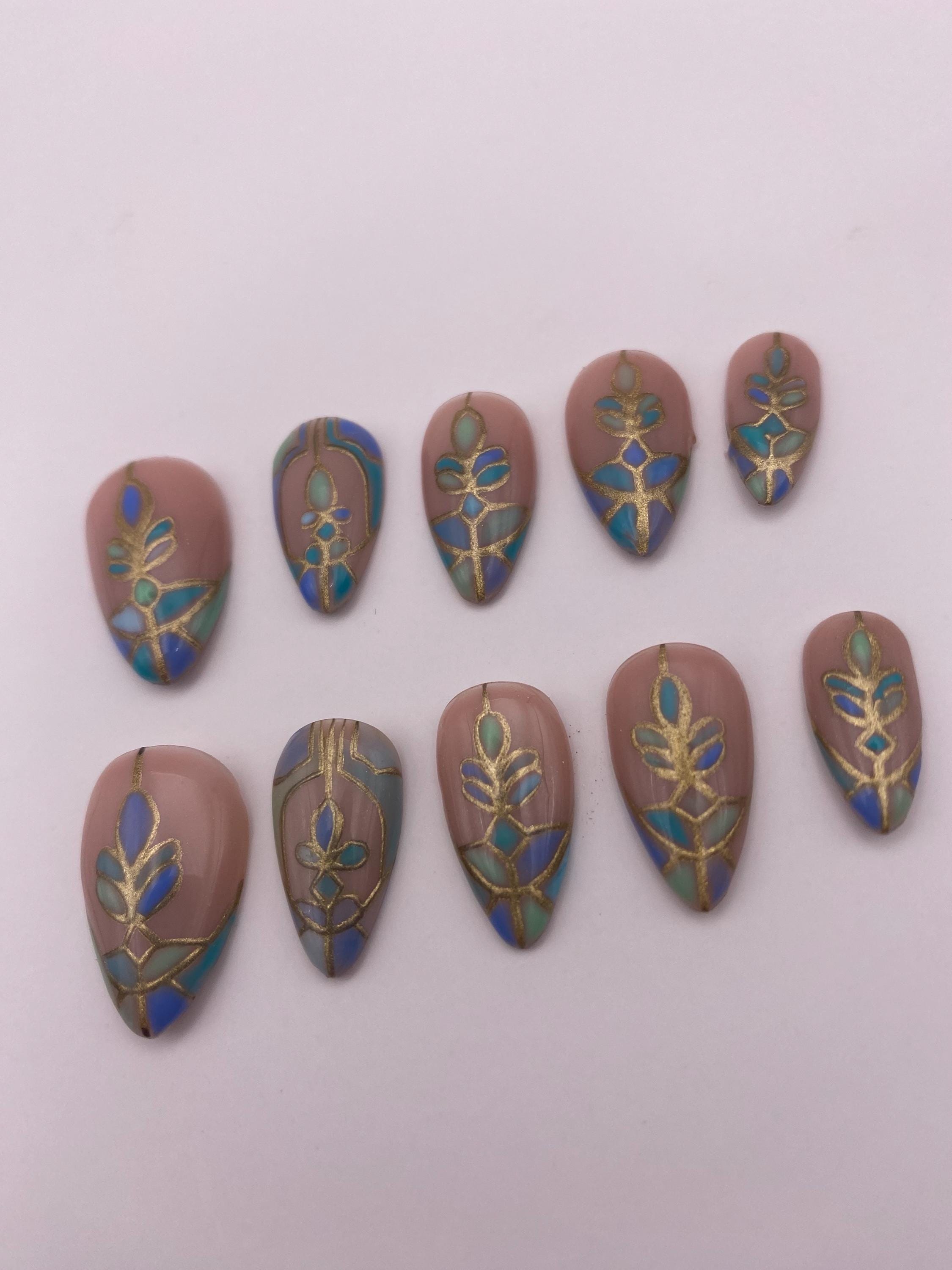 Stained glass press on nails - Gothic green blue fake nails - nail art set - reusable handmade nails - natural press on - gift for her
