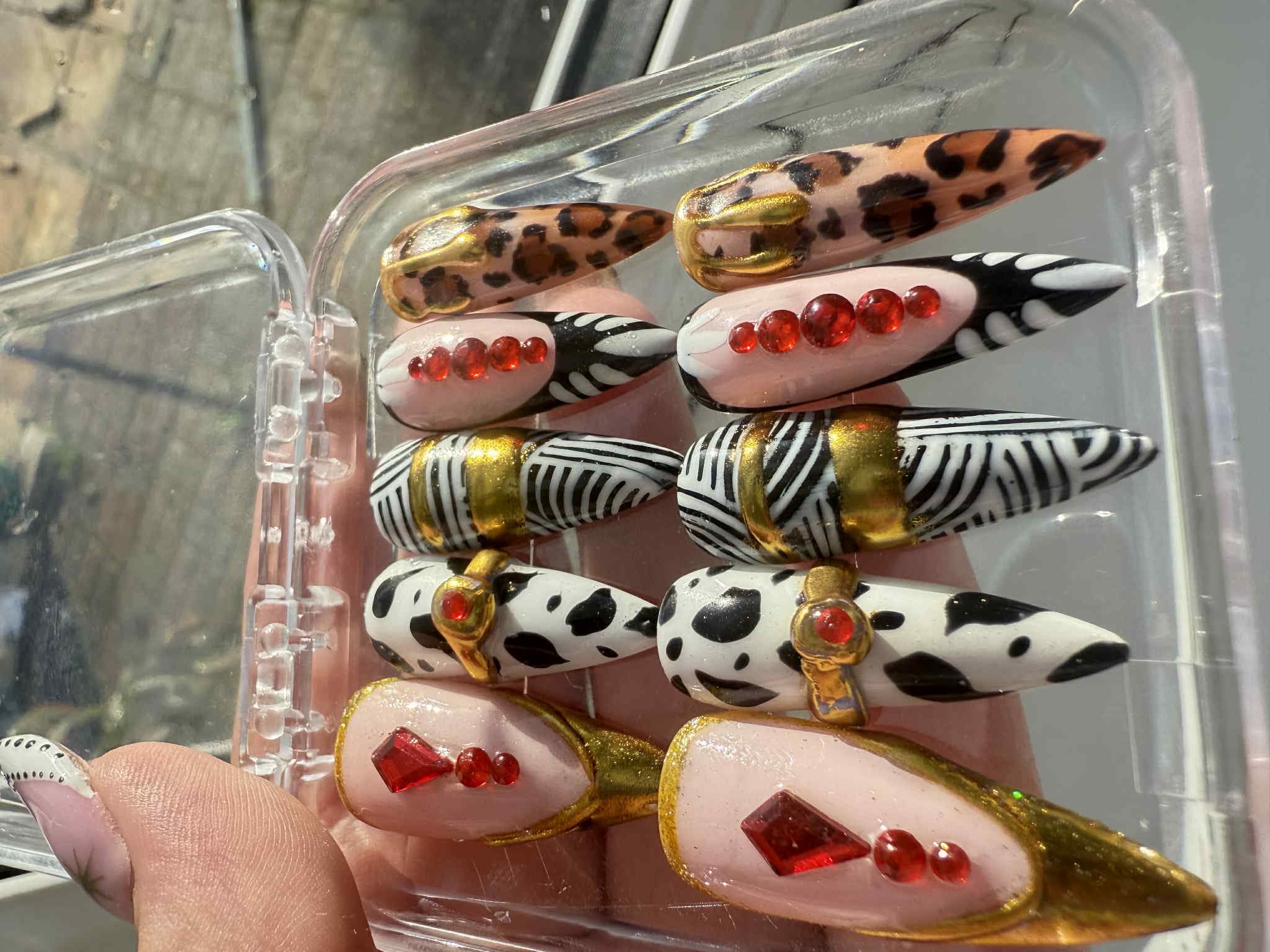 Safari Glam Press On Nails – Mixed Animal Print with Gold Accents & Red Crystals – Long Stiletto Luxury Nail Set -Gifts for her